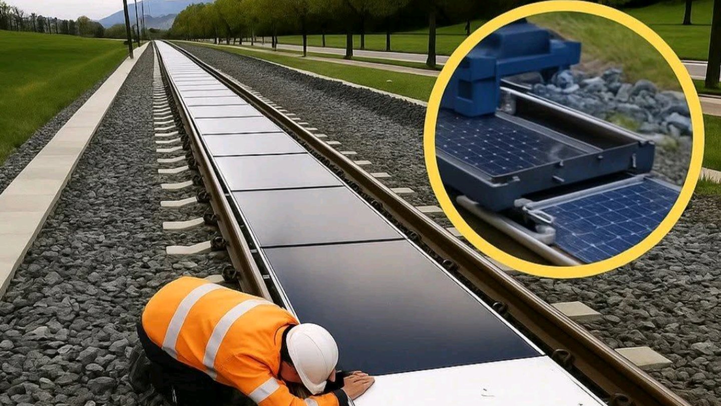 A worker inspecting the installation of removable solar panels laid between active railway tracks, as seen in file 254871.png.