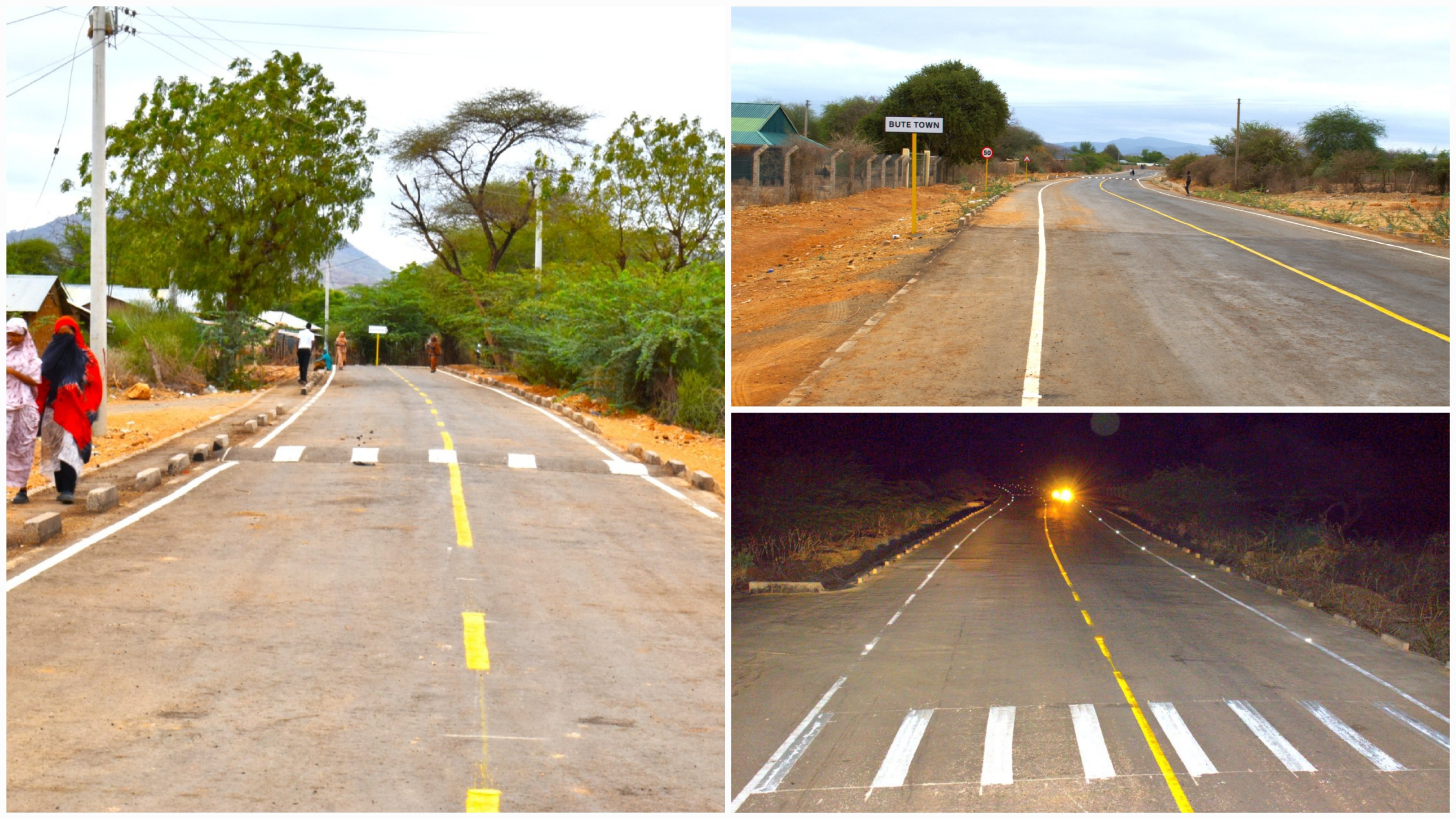 A newly paved two-lane asphalt road in Bute Township, Wajir County, showing fresh yellow center line markings, white zebra crossings, and solar street lights at dusk.