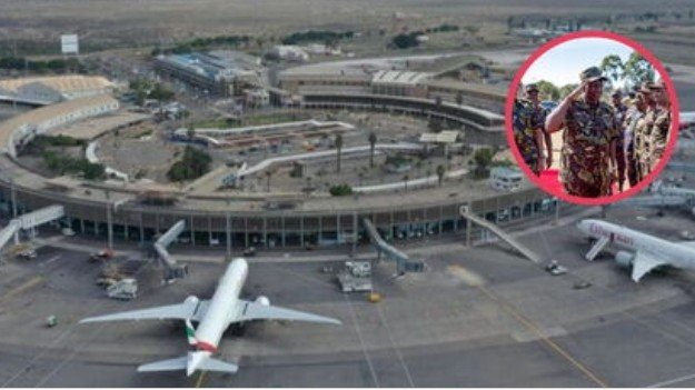 Aerial view of Jomo Kenyatta International Airport with an inset of President William Ruto at a past military event."