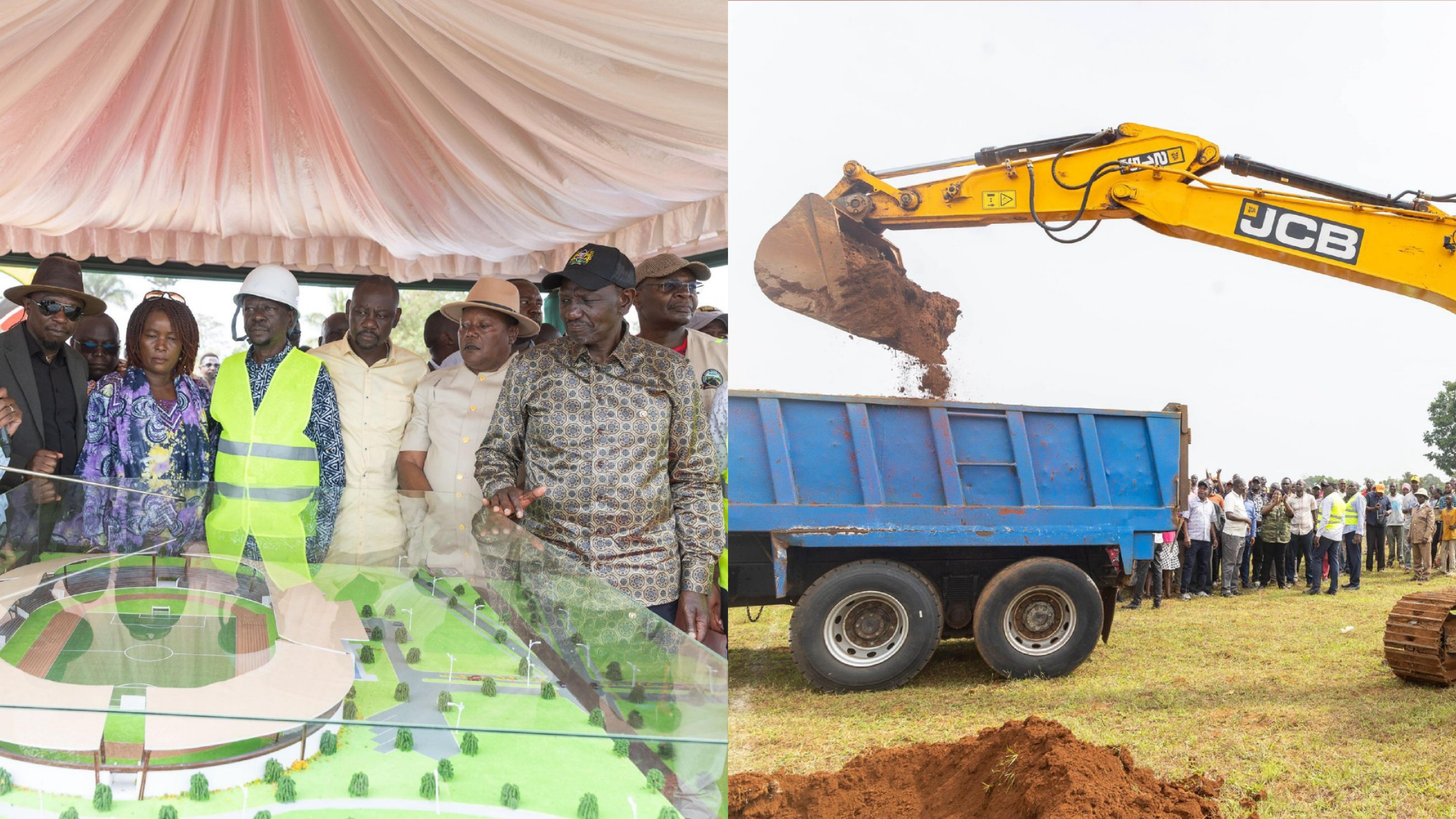 President William Ruto viewing a scale model of the Busia Stadium alongside officials at a construction site with an excavator in the background.