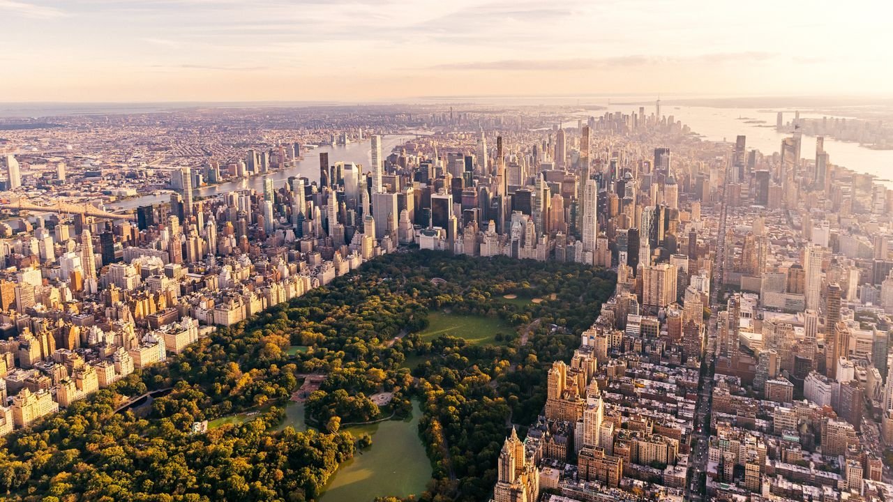 Aerial view of New York City skyline surrounding Central Park in Manhattan.