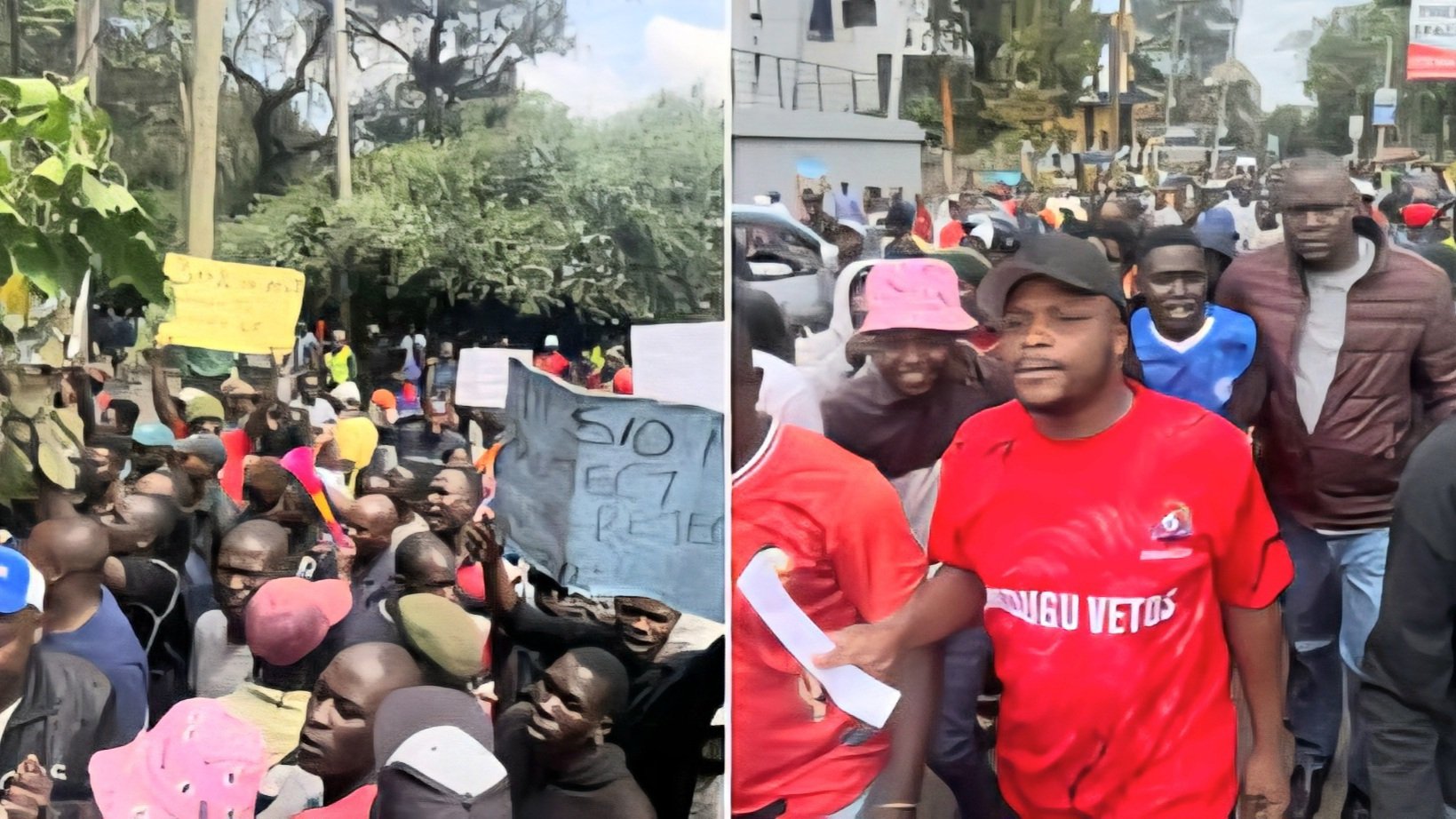 Lang'ata MP Phelix Odiwuor Jalang'o leading a large group of Soweto Zone B residents carrying protest placards during a march to the Ministry of Housing headquarters in Nairobi.