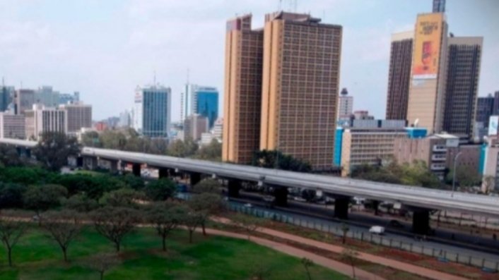 Aerial view of Uhuru Park in Nairobi showing pathways and green spaces during renovation work.
