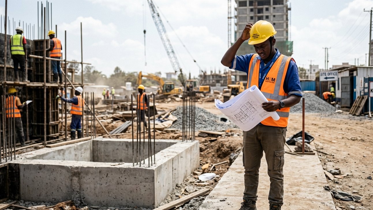 A young engineer in a white hard hat and high-visibility vest reviewing a set of architectural blueprints on a busy construction site.