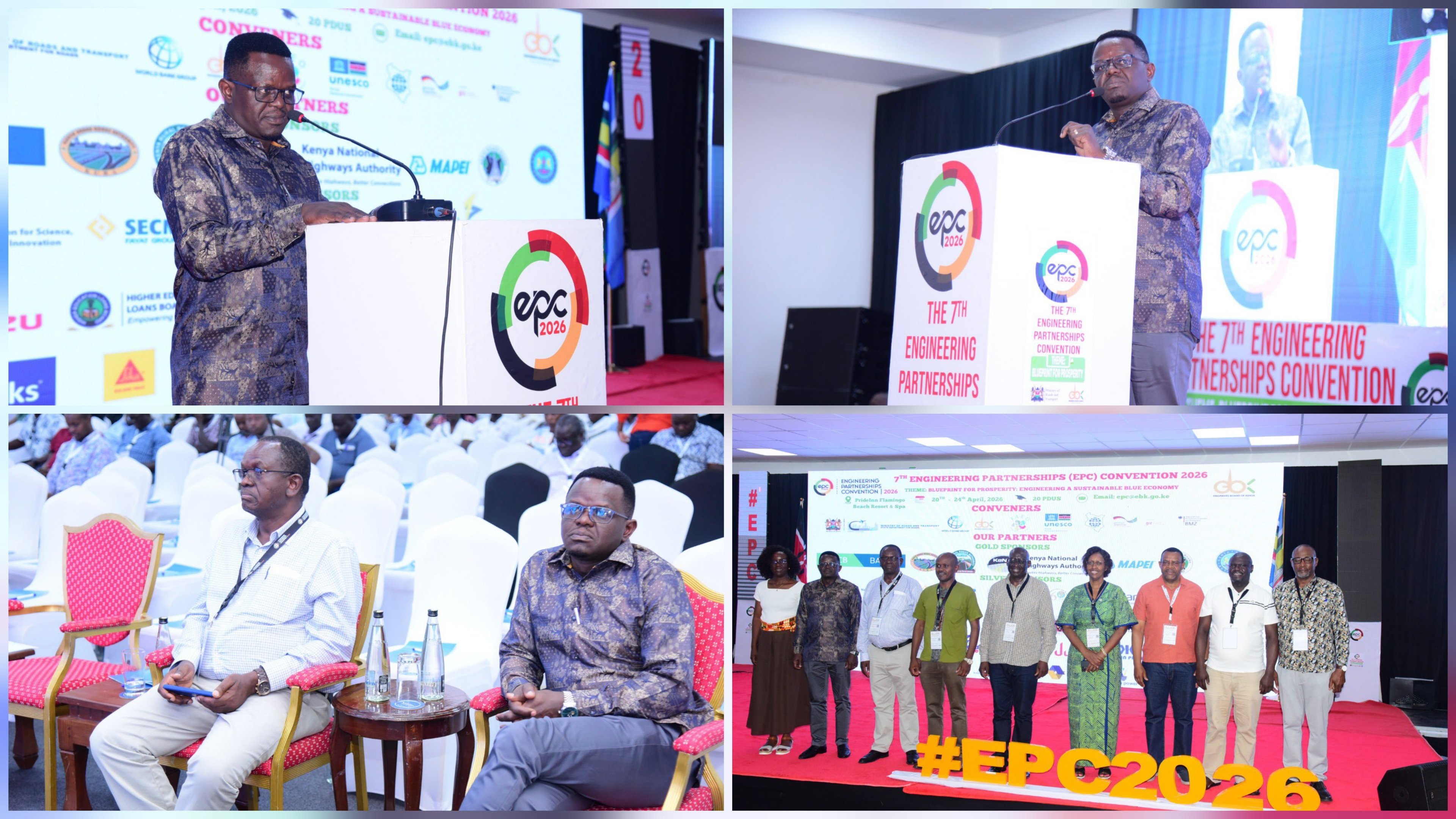 Eng. Kefa Seda speaking at a podium during the Engineering Partnerships Convention 2026 in Kenya, alongside photos of panel discussions and event attendees.