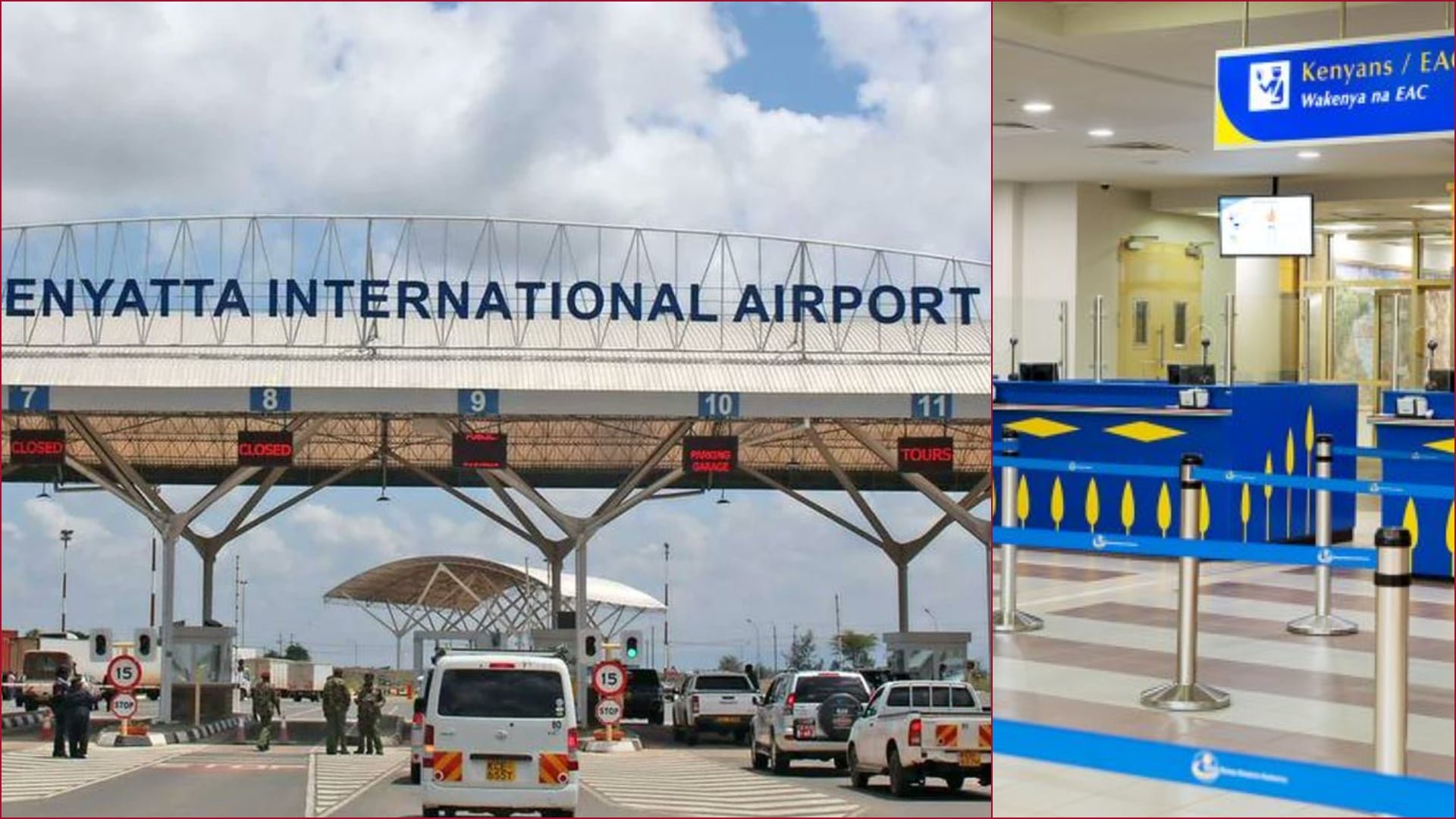 Aerial view of Jomo Kenyatta International Airport terminal buildings and runways in Nairobi, Kenya.