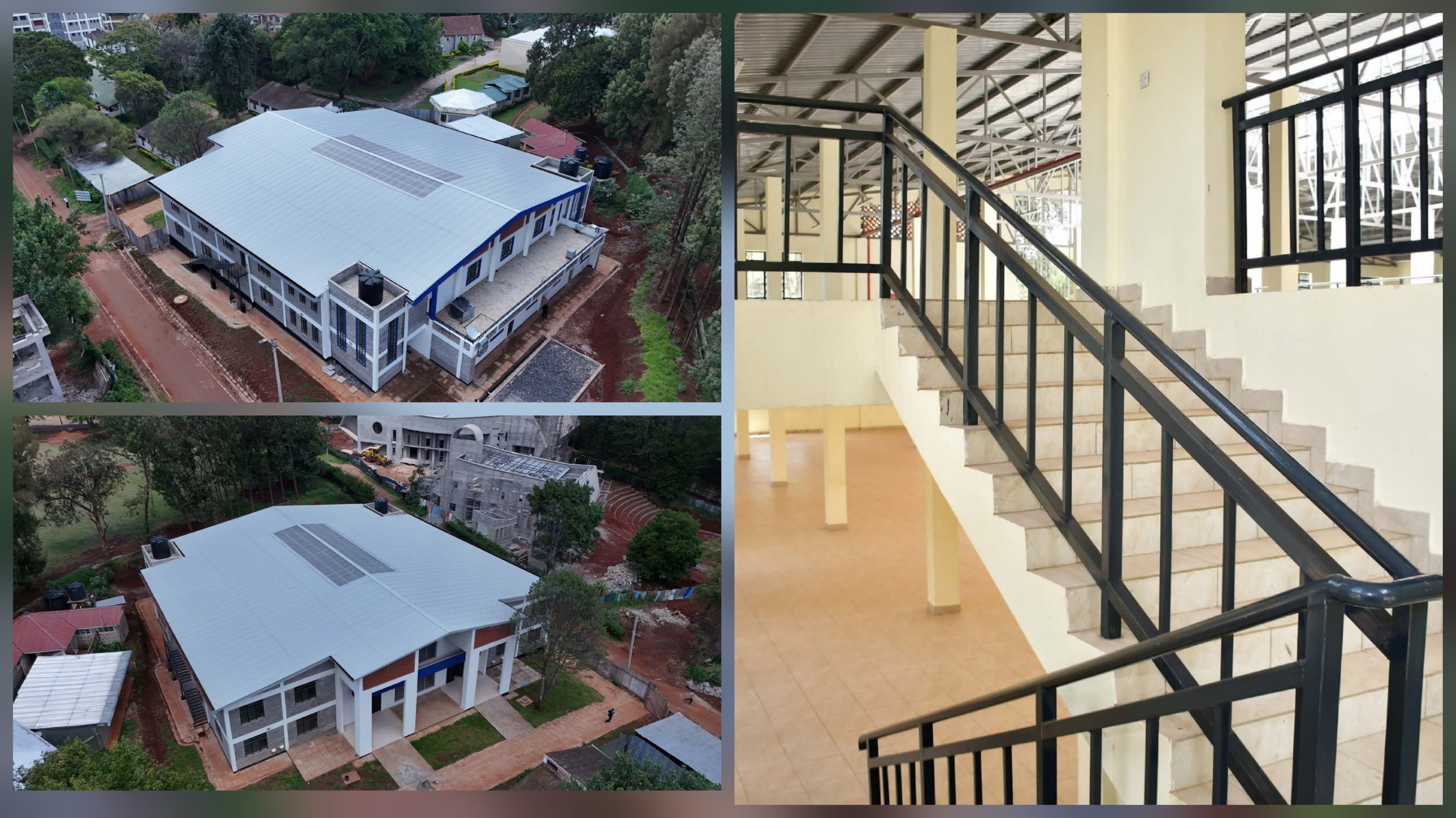 A photo collage of the newly completed, modern dining hall at Alliance High School featuring rows of seating for 2,400 students.