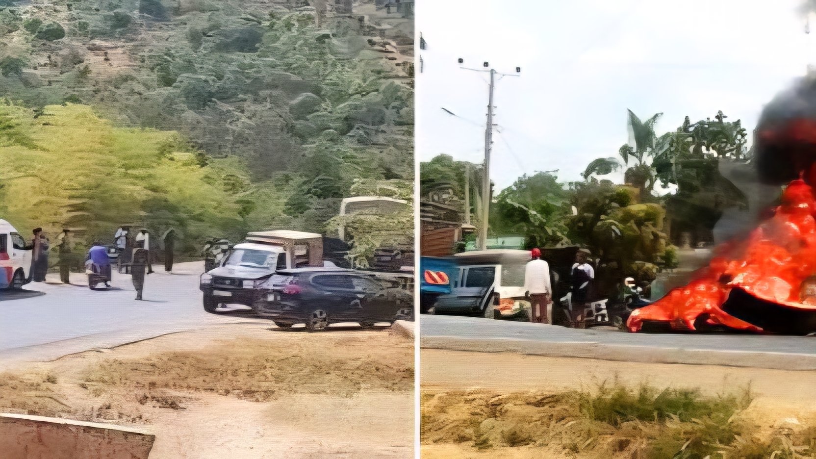 A split screen showing a road blocked by police vehicles and protestors on the left, and a large tire fire billowing thick black smoke on a paved highway on the right.