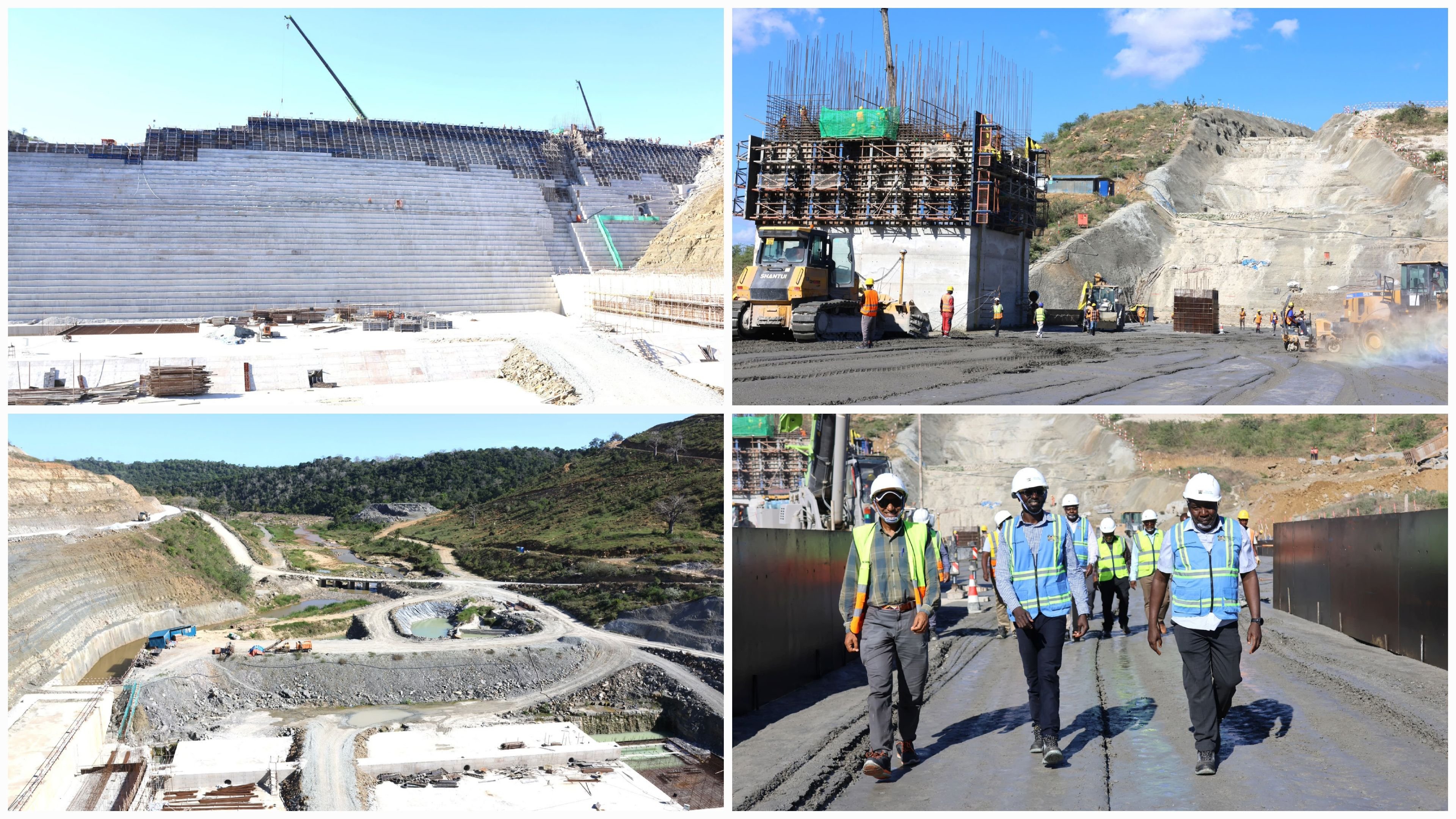 Photo gallery of the 84-meter-high Mwache Multi-purpose Dam under construction in Kinango, Kwale County, showing the extensive Roller-Compacted Concrete (RCC) gravity structure and reservoir area.