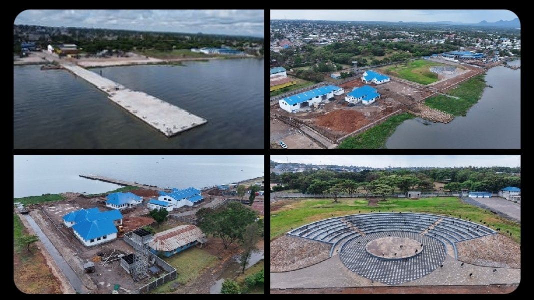 Aerial photograph of the Homa Bay Pier redevelopment on Lake Victoria shoreline in western Kenya, showing the newly constructed pier section and surrounding works.