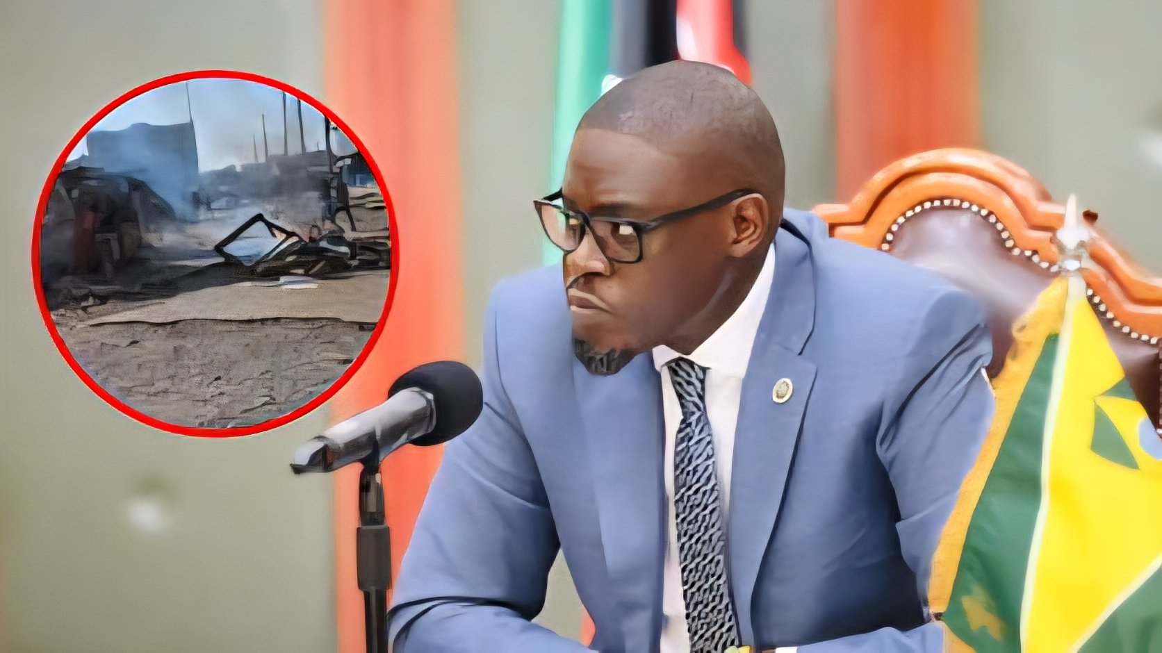 A wide shot of Nairobi Governor Johnson Sakaja speaking at a podium during a press briefing regarding city housing and illegal evictions.