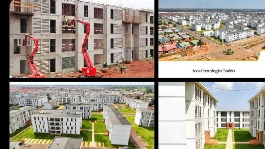 Construction and finished views of low-price social housing apartments in Ouèdo, Benin.