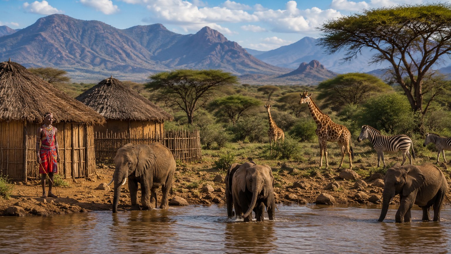Samburu landscape with wildlife and traditional huts