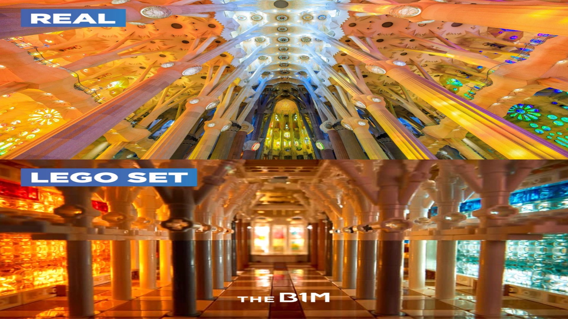 A vertical split screen image file 244043.jpg comparing the real colorful interior of the Sagrada Família basilica with its detailed LEGO architectural model equivalent underneath.