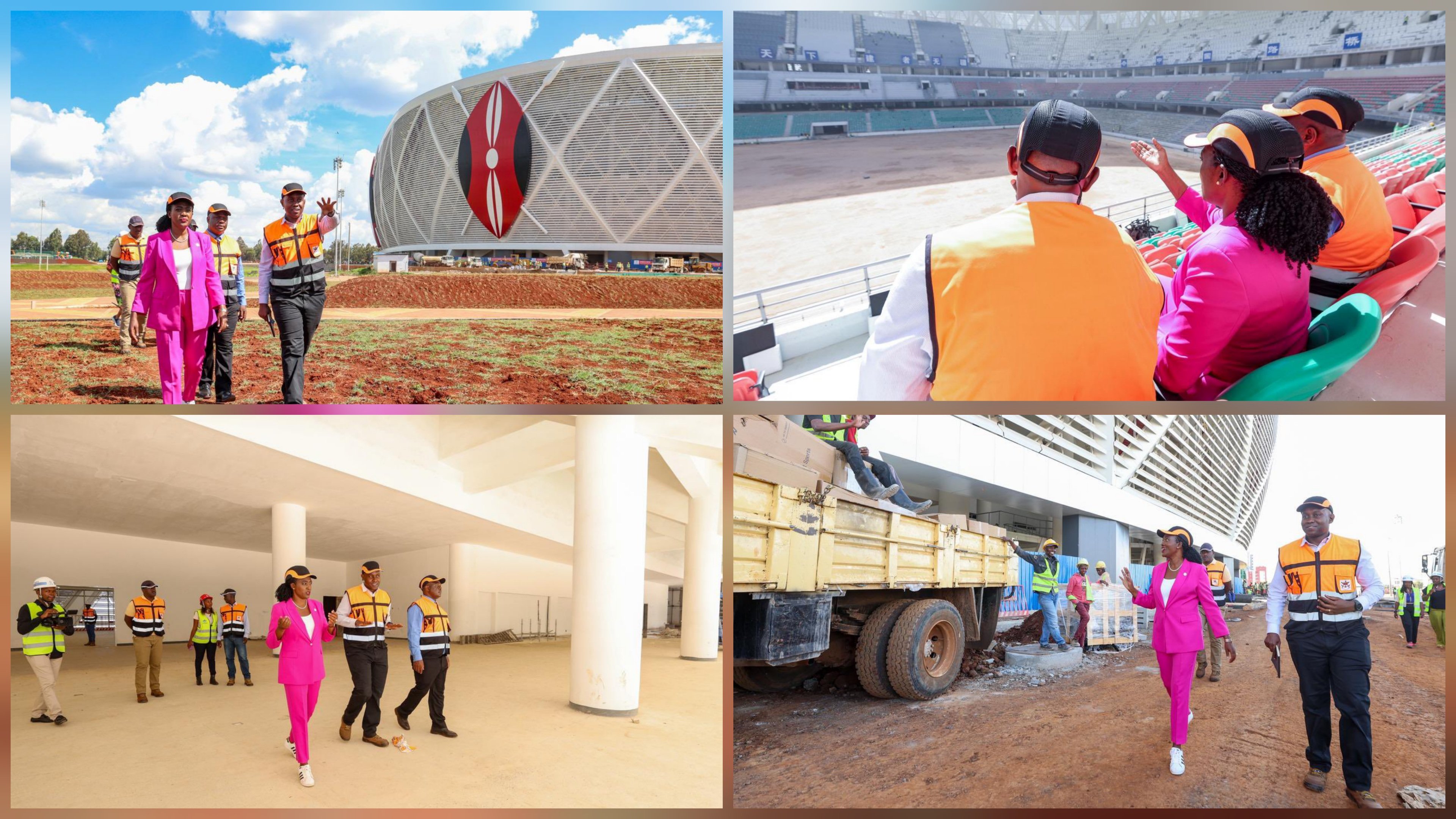 A wide-angle shot of the Raila Odinga International Stadium exterior showing the curved facade with the Kenyan flag colors and construction officials walking on the red soil grounds.