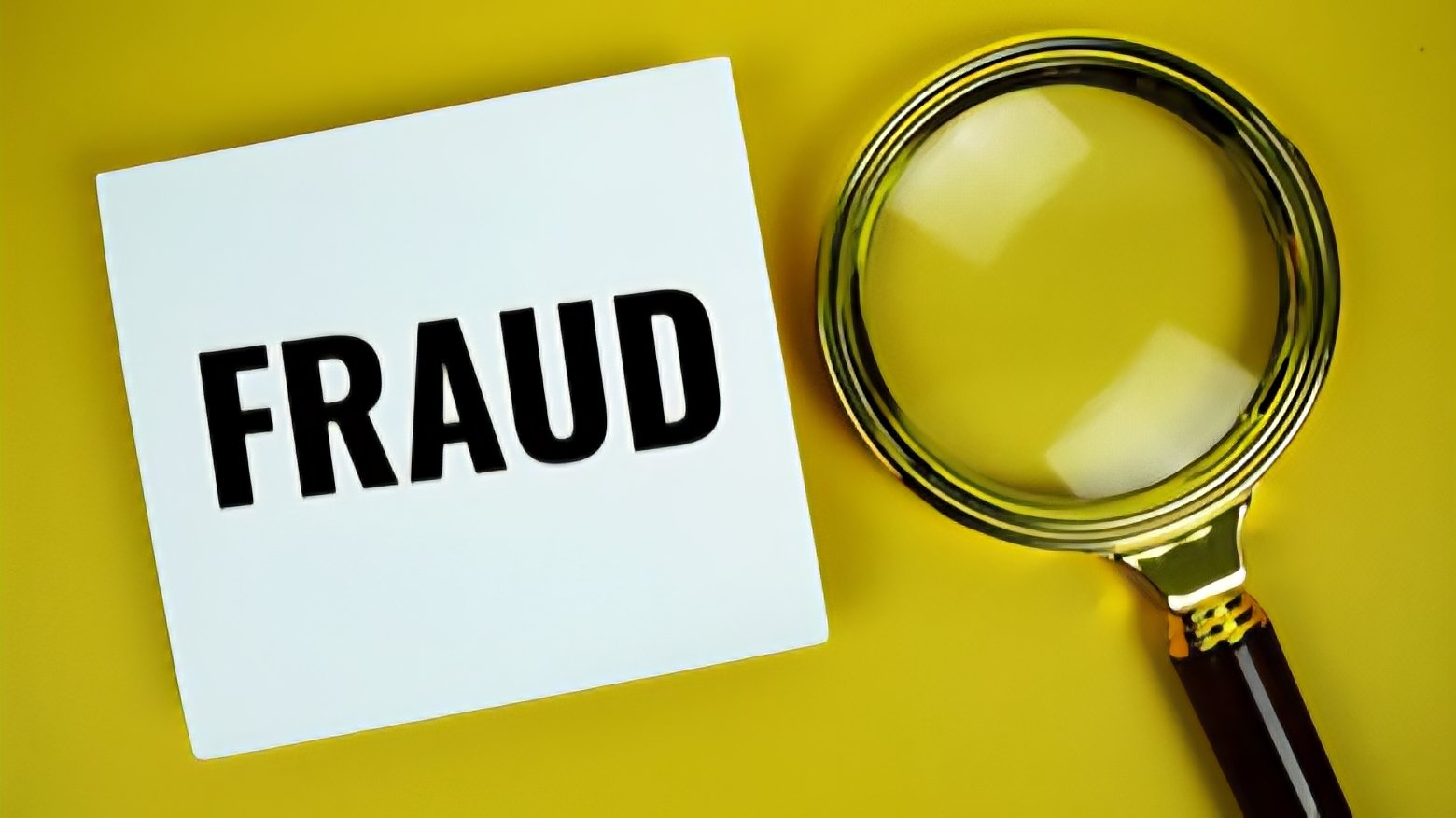 A graphic displaying a magnifying glass, and a note card with text reading fraud on a bright yellow backdrop.