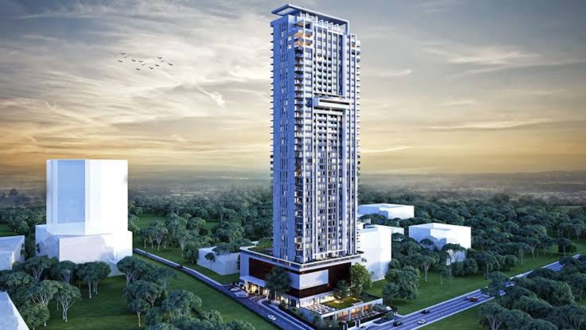 A high-angle exterior view of the 88 Nairobi residential skyscraper in Upper Hill, showing the white facade and window installation in progress.