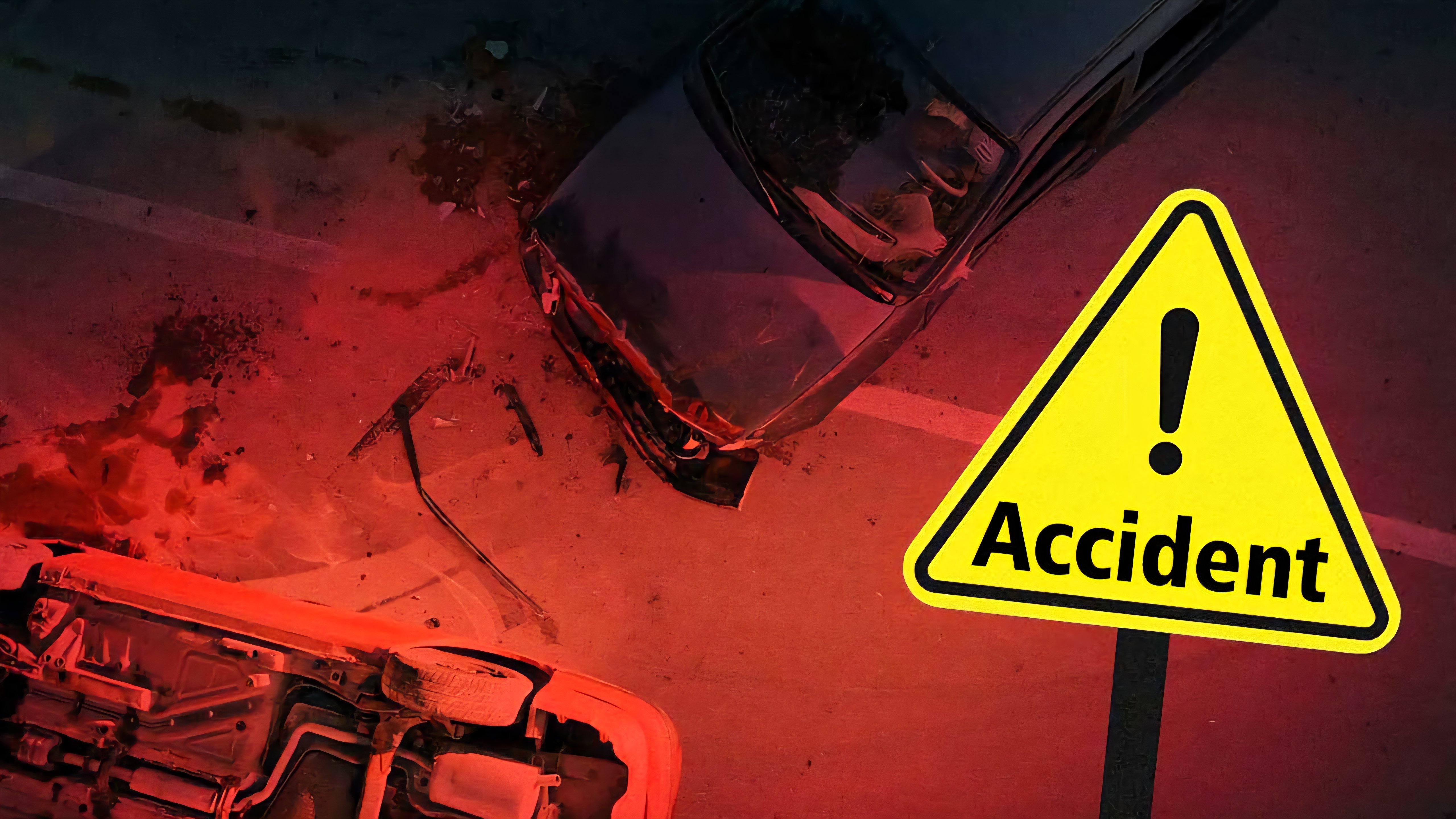 View of a damaged bridge railing and the wreckage of a heavy truck carrying timber logs in a ditch below the road surface.
