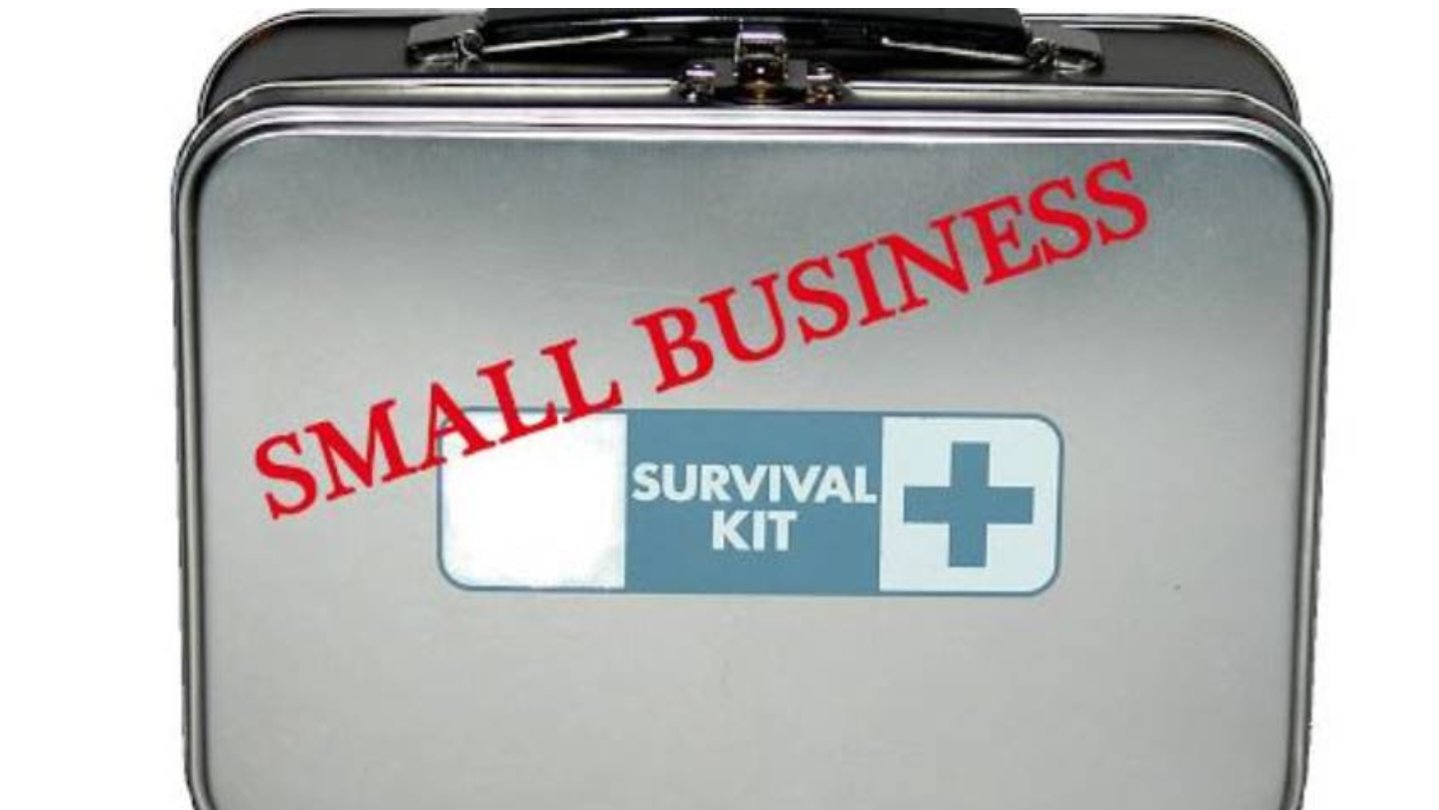 An open metallic small business survival kit box set against a neutral grey background.