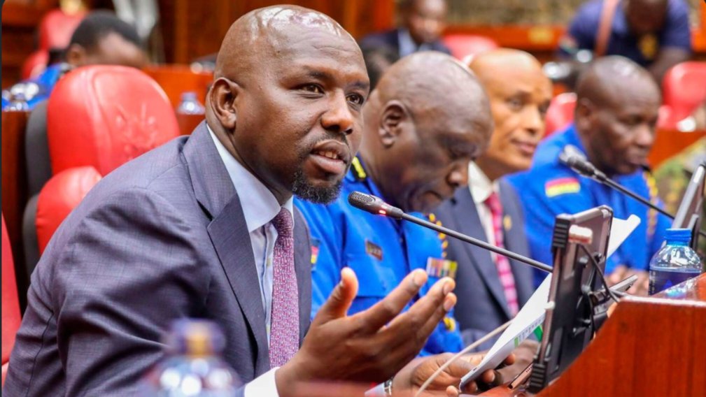 Cabinet Secretary Kipchumba Murkomen speaking at a panel discussion with official delegates looking on.