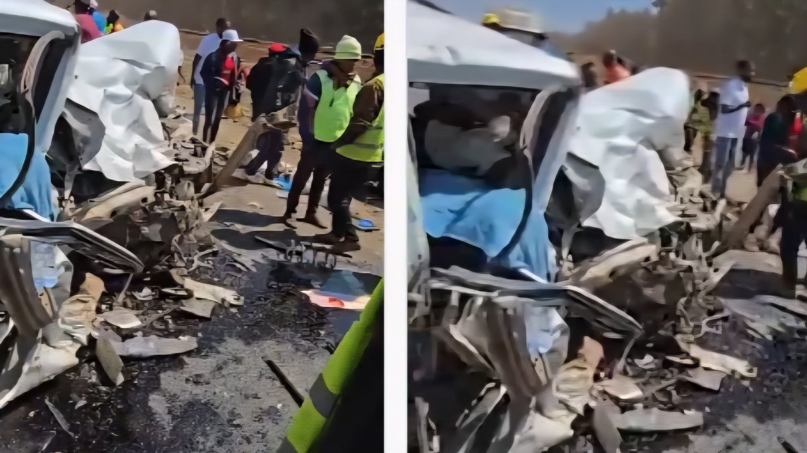 Emergency responders and bystanders at the wreckage site of a multi-vehicle collision near Kijabe along the Nairobi-Nakuru Highway.