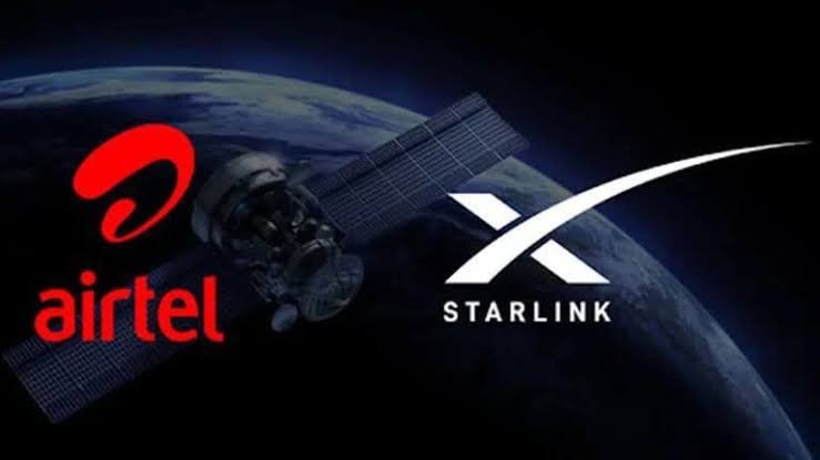 A news broadcast screen from Citizen TV Kenya showing graphic featuring the Airtel and Starlink logos with the headline Airtel partners with Starlink.
