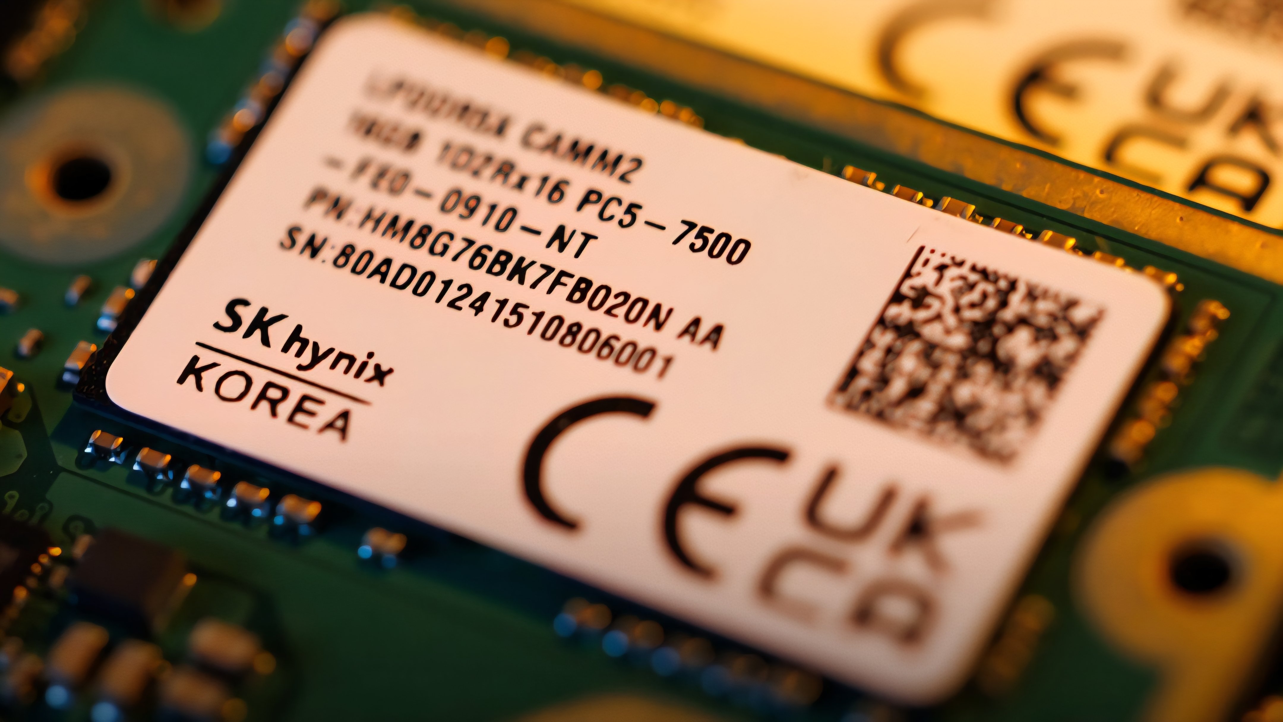 Close up photograph of an SK Hynix memory chip module showing printed technical specifications.
