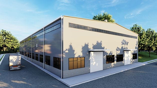 Architectural rendering of the proposed Crown Paints industrial godowns and manufacturing plant in Lukenya, showing steel-framed structures and solar panel installations.