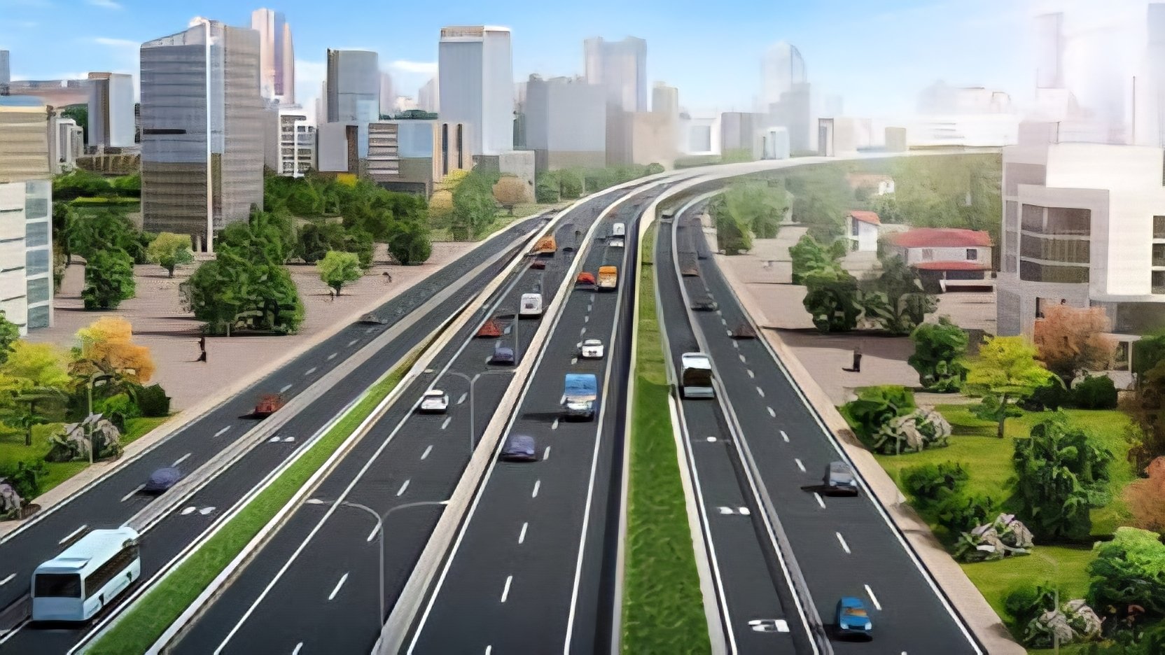 An artistic impression of a modern six-lane expressway with greenery and city buildings in the background.