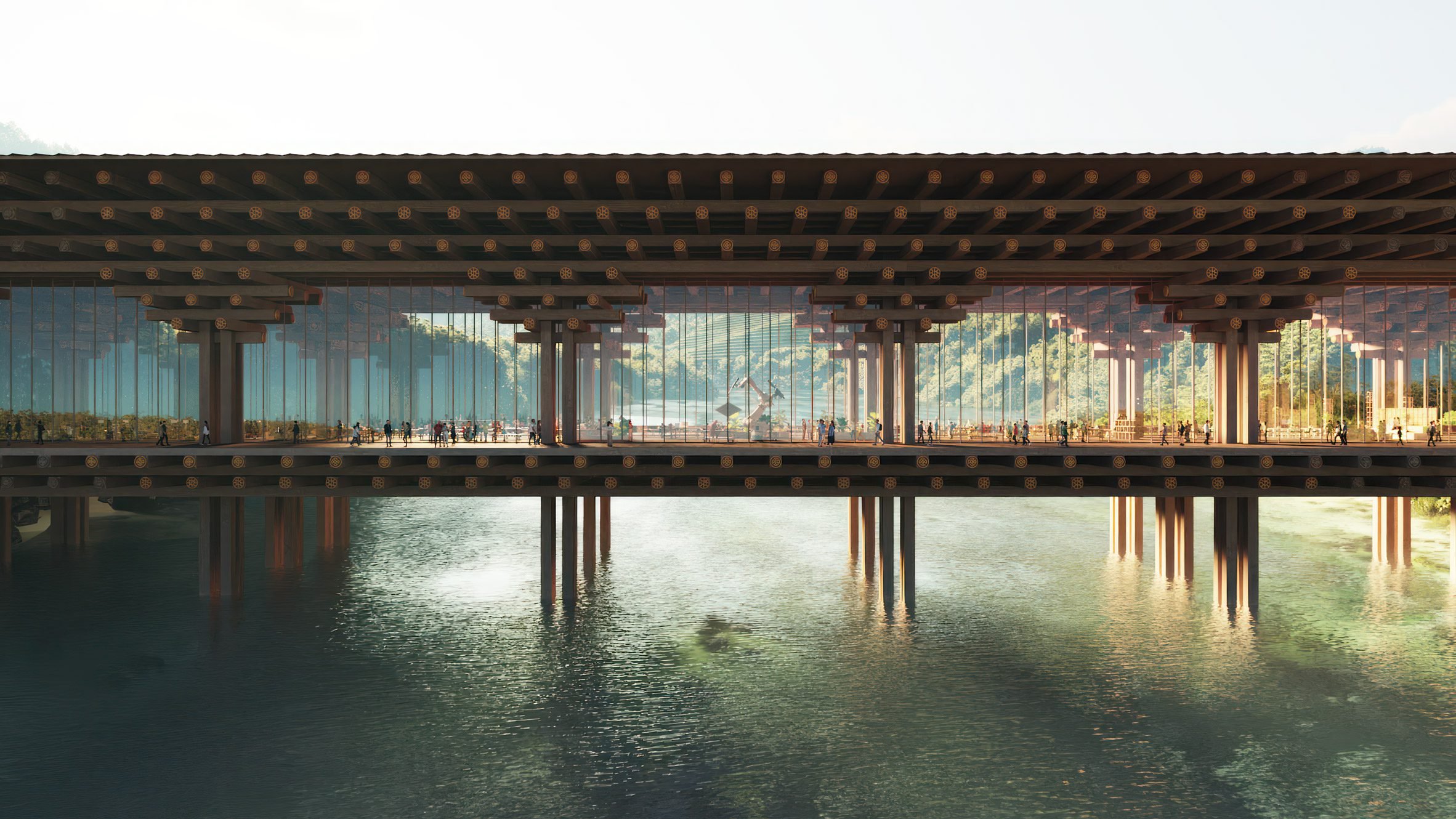 Architectural rendering of Gelephu Mindfulness City in southern Bhutan showing ribbon-like urban neighbourhoods cascading from forested highlands to a lowland city centre, with rivers and bridges connecting eleven mandala-inspired districts.