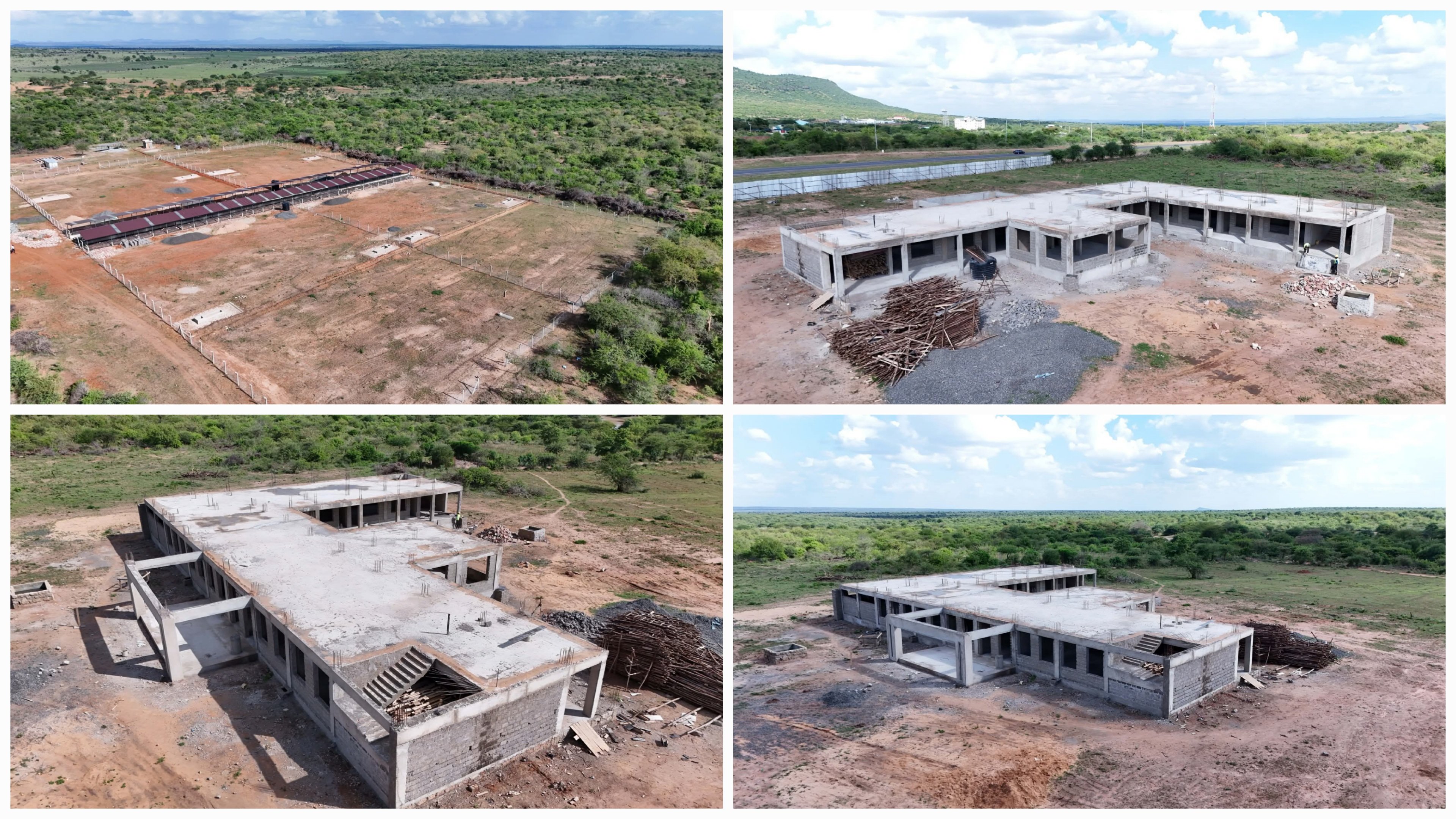 A construction site in Kanyonyoo, Kitui County, showing the foundational work and early structural phases of the new Livestock Training Institute.