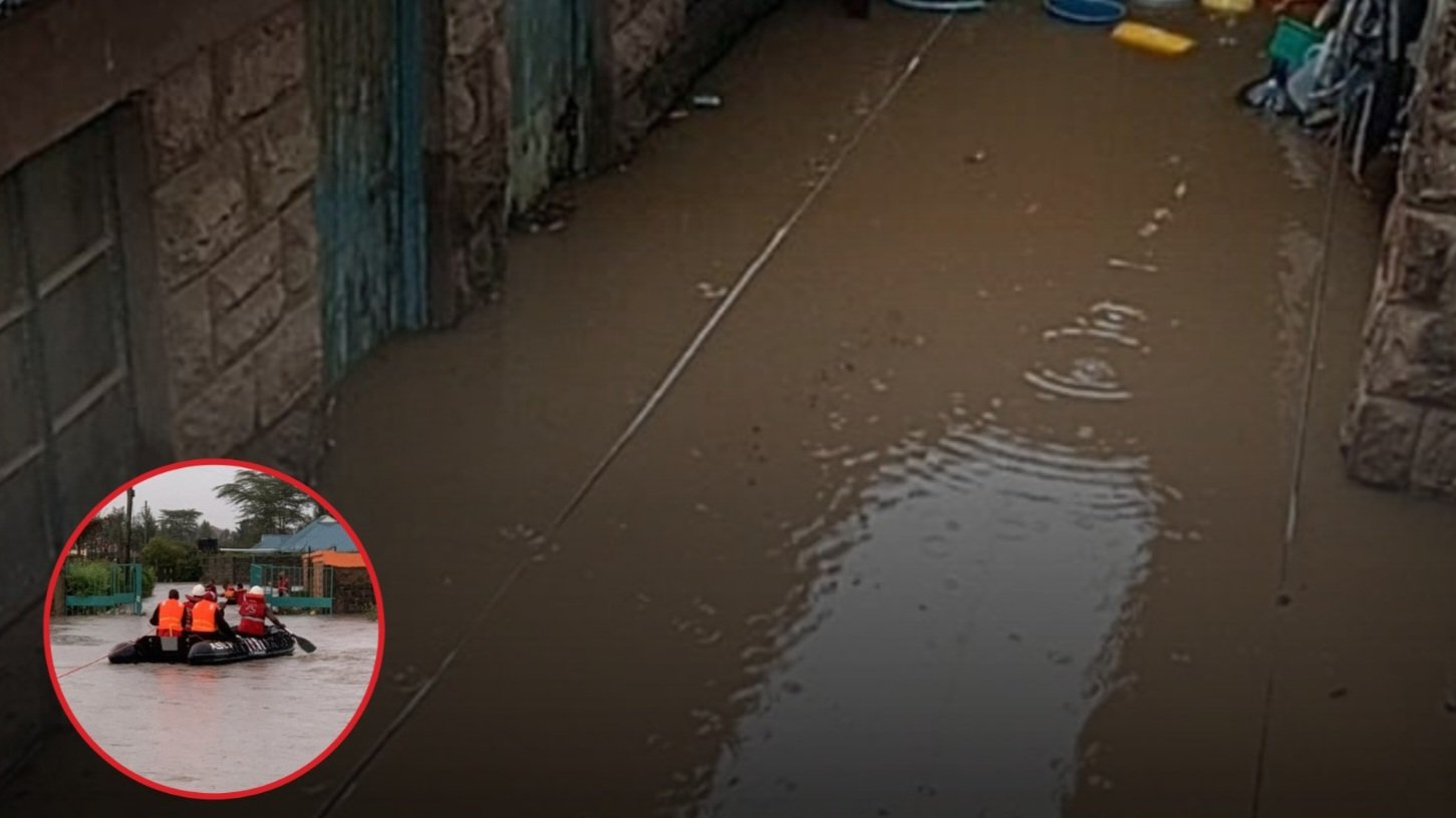 Aerial view of a submerged residential area in Kasarani, Nairobi, showing floodwaters reaching the walls of stone houses following heavy rains on April 29, 2026.