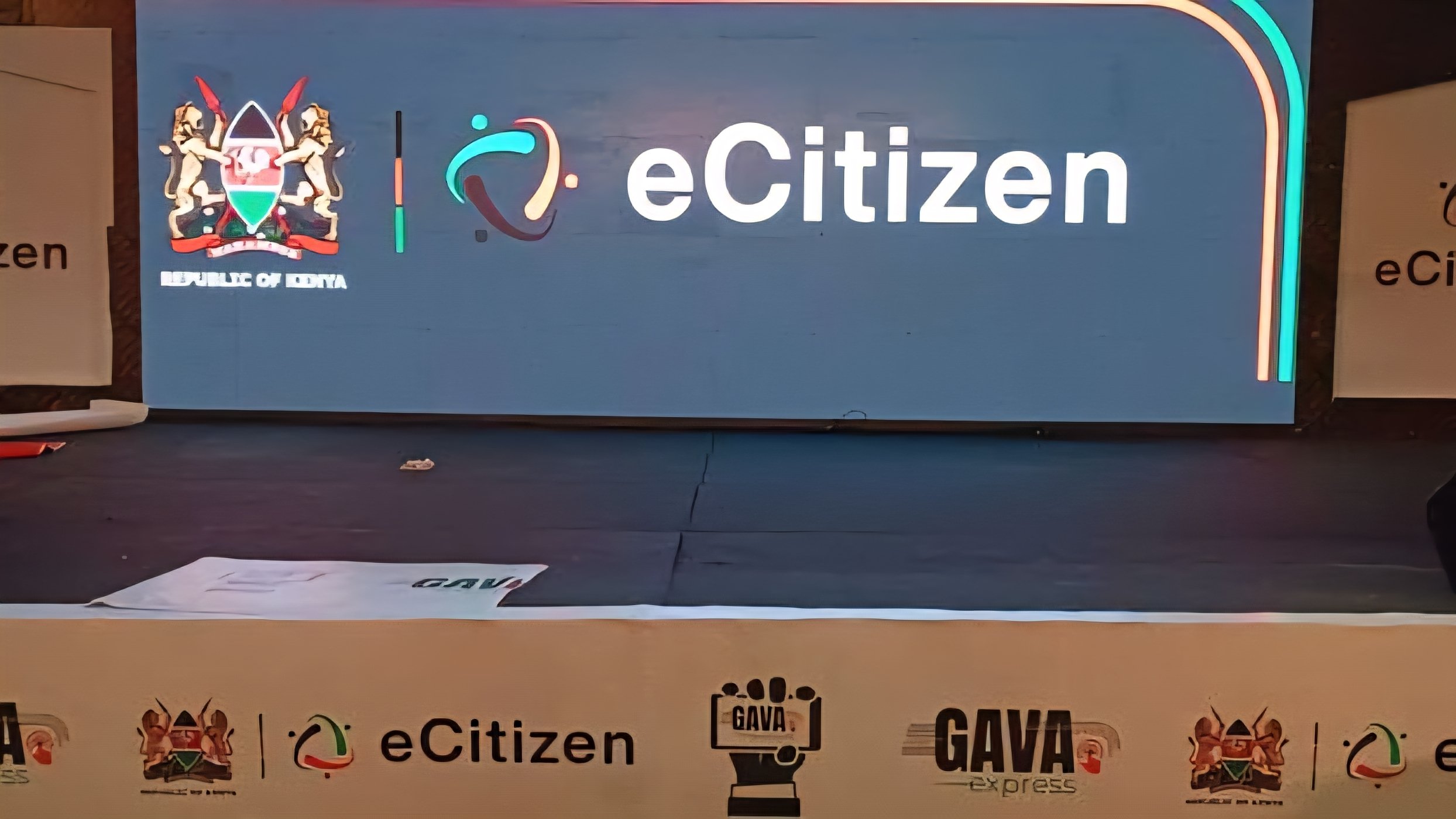 A wide shot of the eCitizen platform relaunch stage branding at the Kenyatta International Convention Centre.