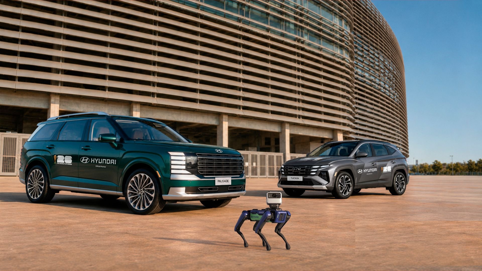 A dog-like Boston Dynamics Spot robot stands on a paved concourse in front of a modern sports stadium, positioned between a dark green Hyundai sport utility vehicle and a grey crossover vehicle.