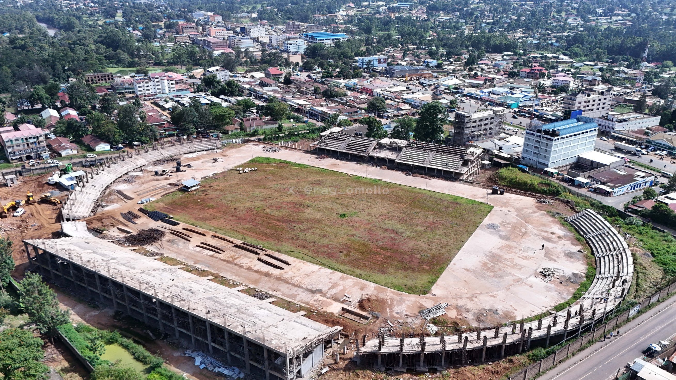 Ongoing construction works at Migori Stadium showing new seating structures, pitch preparation and running track alignment in Migori County, Kenya