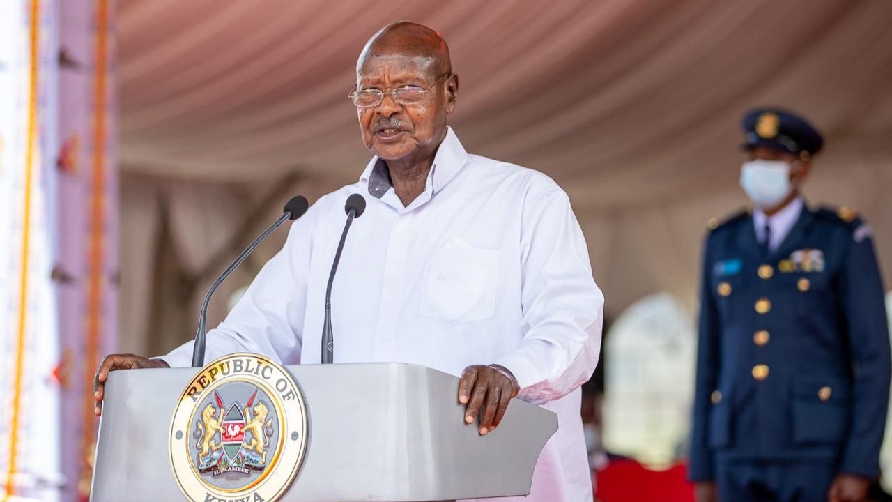 President Yoweri Museveni of Uganda speaking at a podium during the launch of the Kisumu-Malaba SGR section in Kenya.