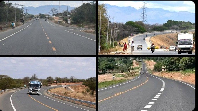 Vertical aerial view of the upgraded Kibwezi-Mutomo-Kitui-Kabati-Migwani Road stretching across Makueni and Kitui counties, showing the road corridor and surrounding landscapes.