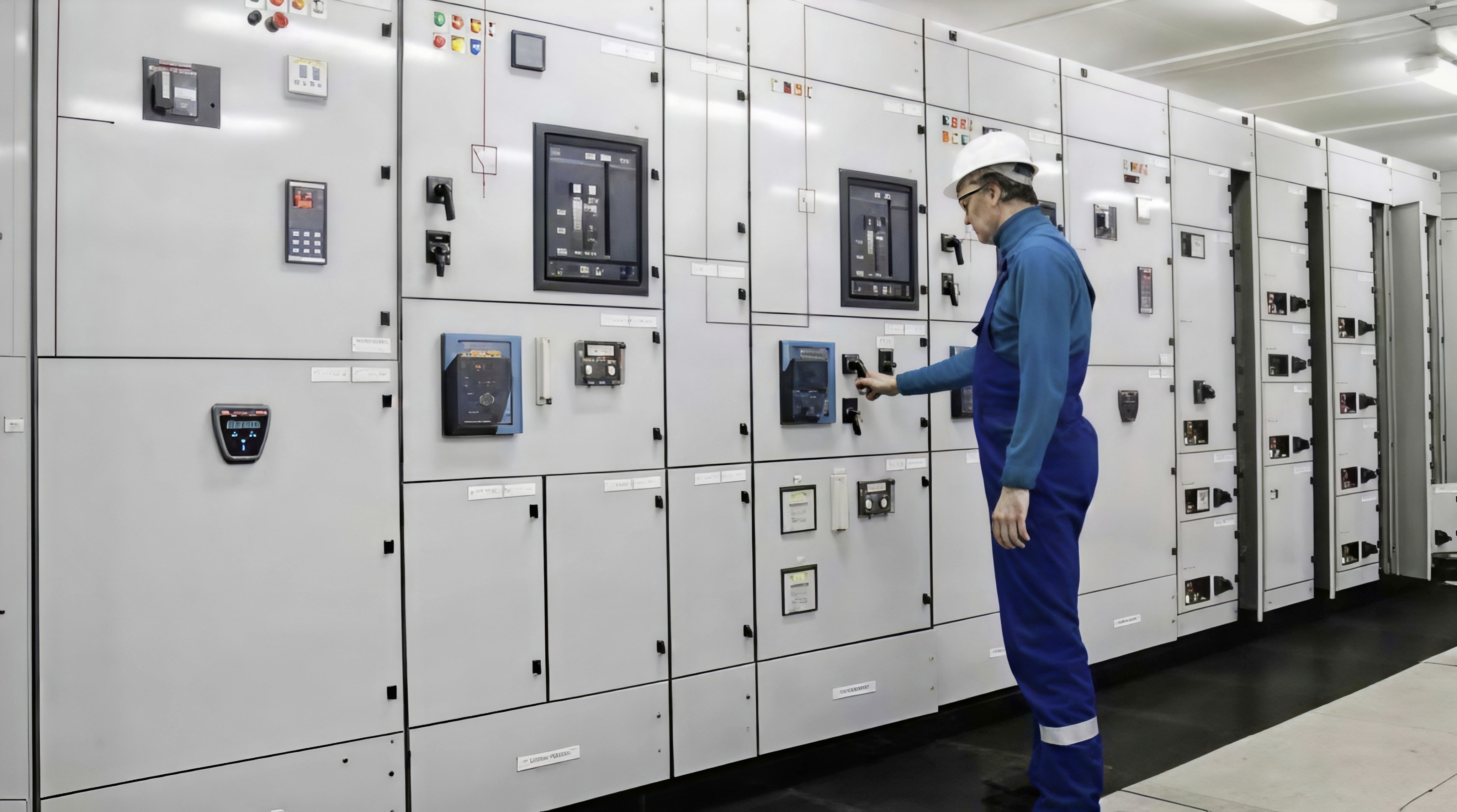 An electrical worker performs tests inside a data center distribution facility.