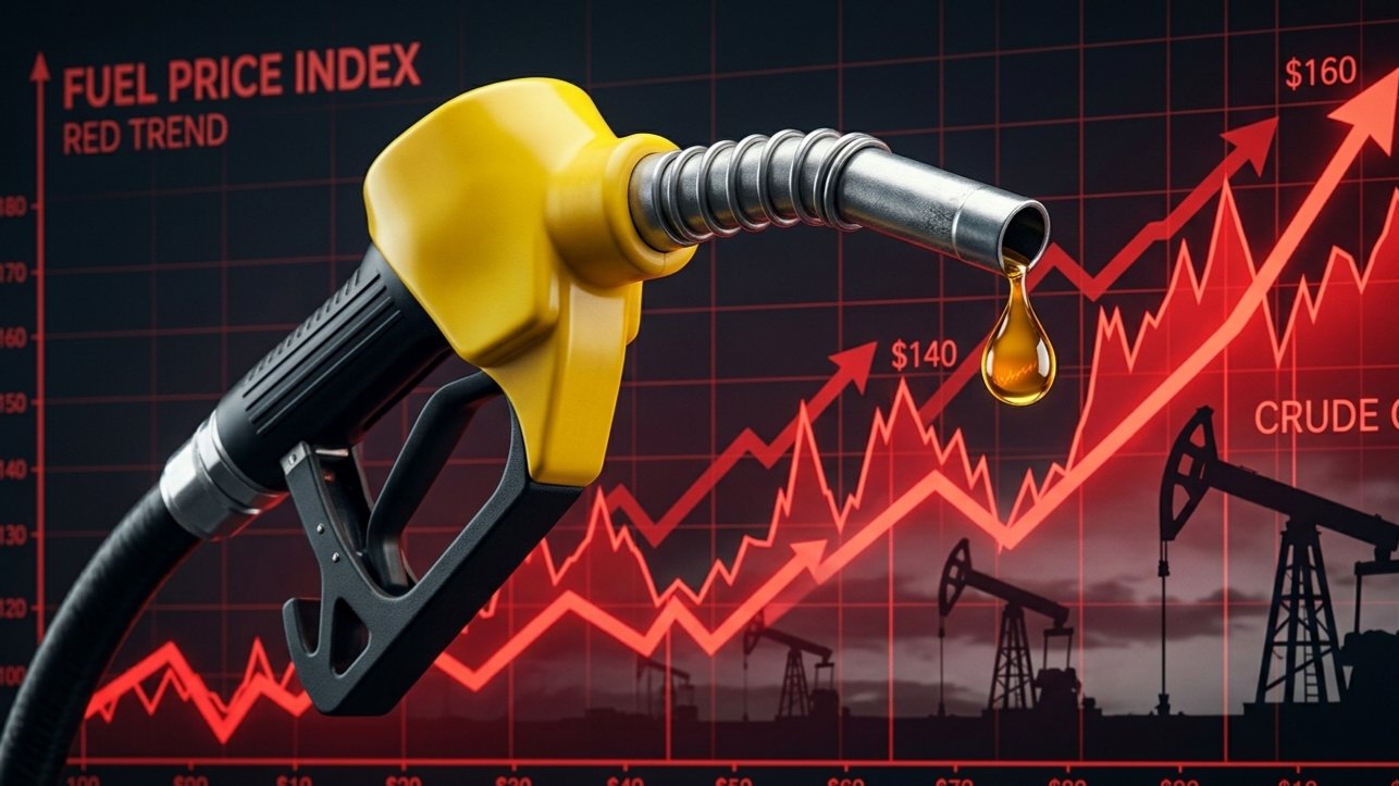 Close-up of a yellow fuel nozzle with a golden droplet of fuel, overlaid on a red financial chart showing upward trends and oil rig silhouettes.
