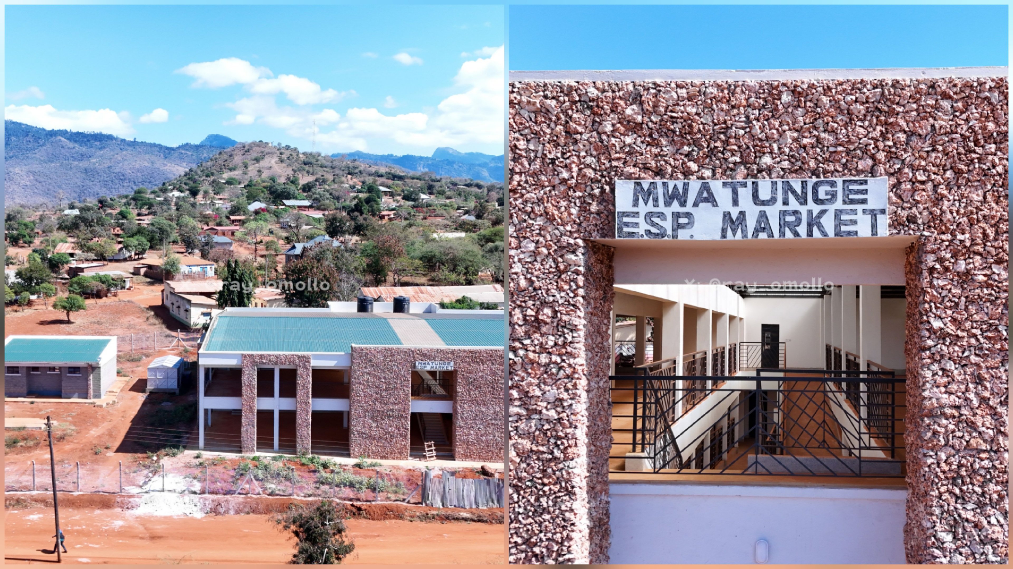 Aerial and structural view of the newly completed Mwatunge ESP Market building in Mwatate, Taita-Taveta County.