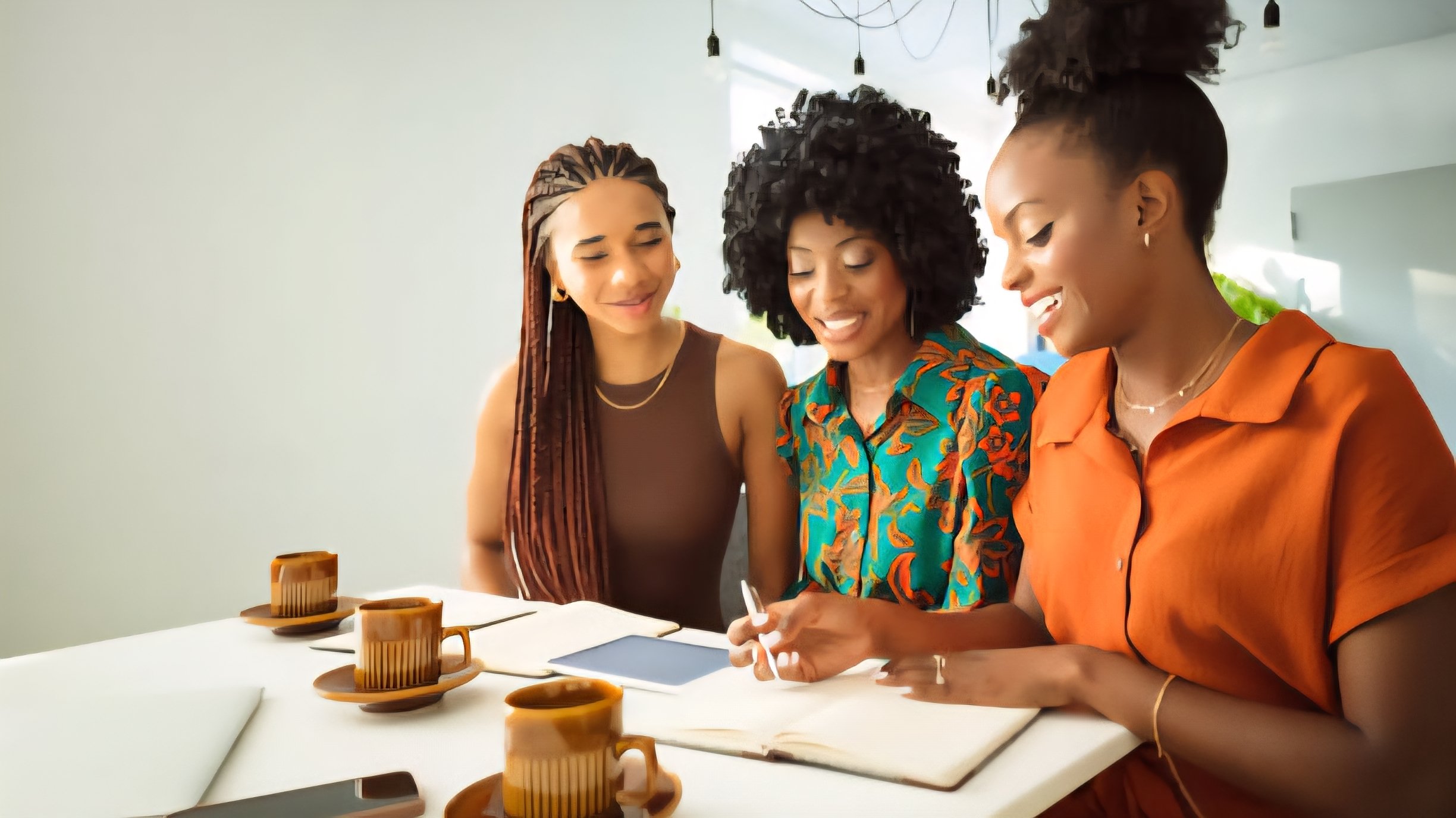 Three women in Kenya smiling while working together in an indoor setting.