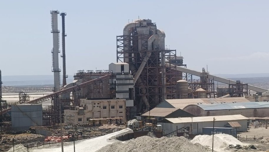 Industrial soda ash processing factory and conveyor structures at Tata Chemicals facility in Magadi Township.