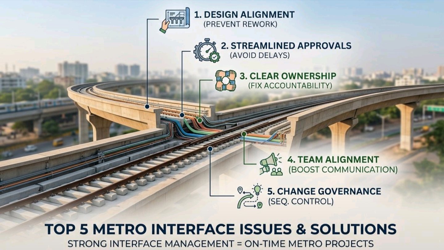 A wide shot of an elevated metro rail junction showing tracks and concrete pillars under a clear sky with city buildings in the background.