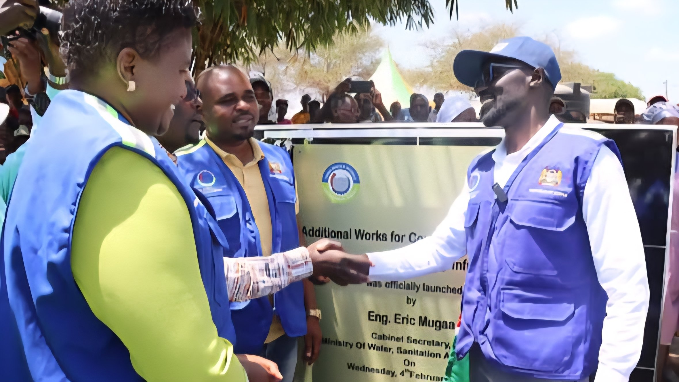 Cabinet Secretary Eric Mugaa and officials at the groundbreaking site for the Chuka and Chogoria Water Supply Project extension in Kathwana, Tharaka Nithi County.