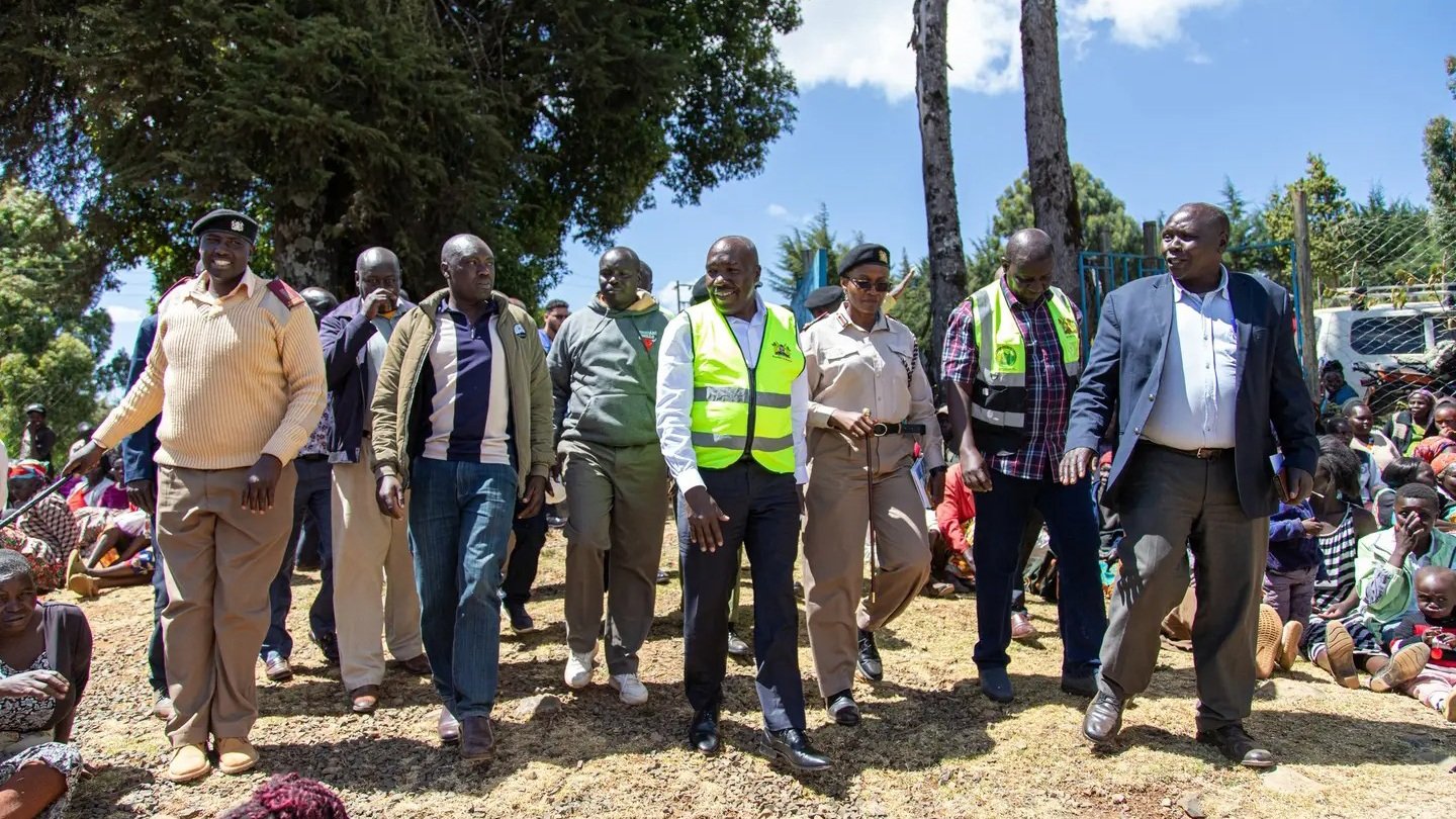 Principal Secretary Julius Korir and local officials inspecting the construction progress at the Kaptarakwa Dam site in Elgeyo Marakwet County.