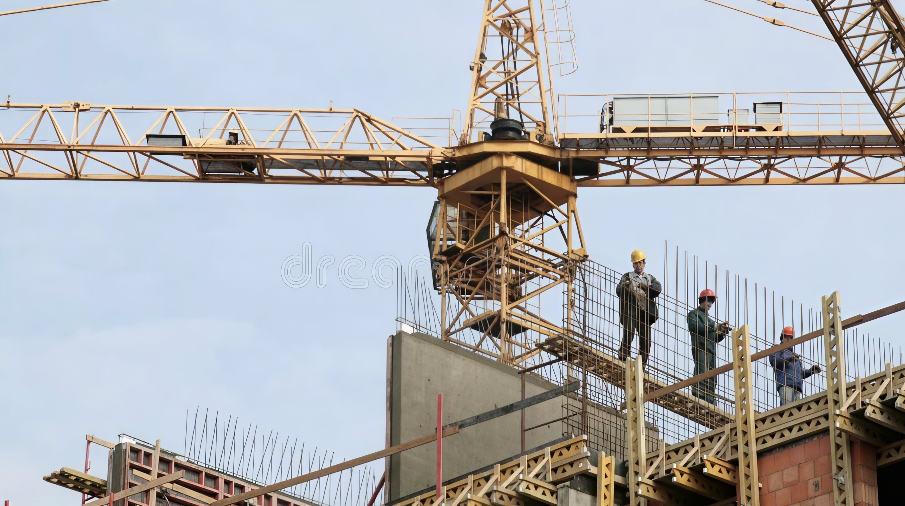 Construction workers on a UK building site with cranes and scaffolding in the background.