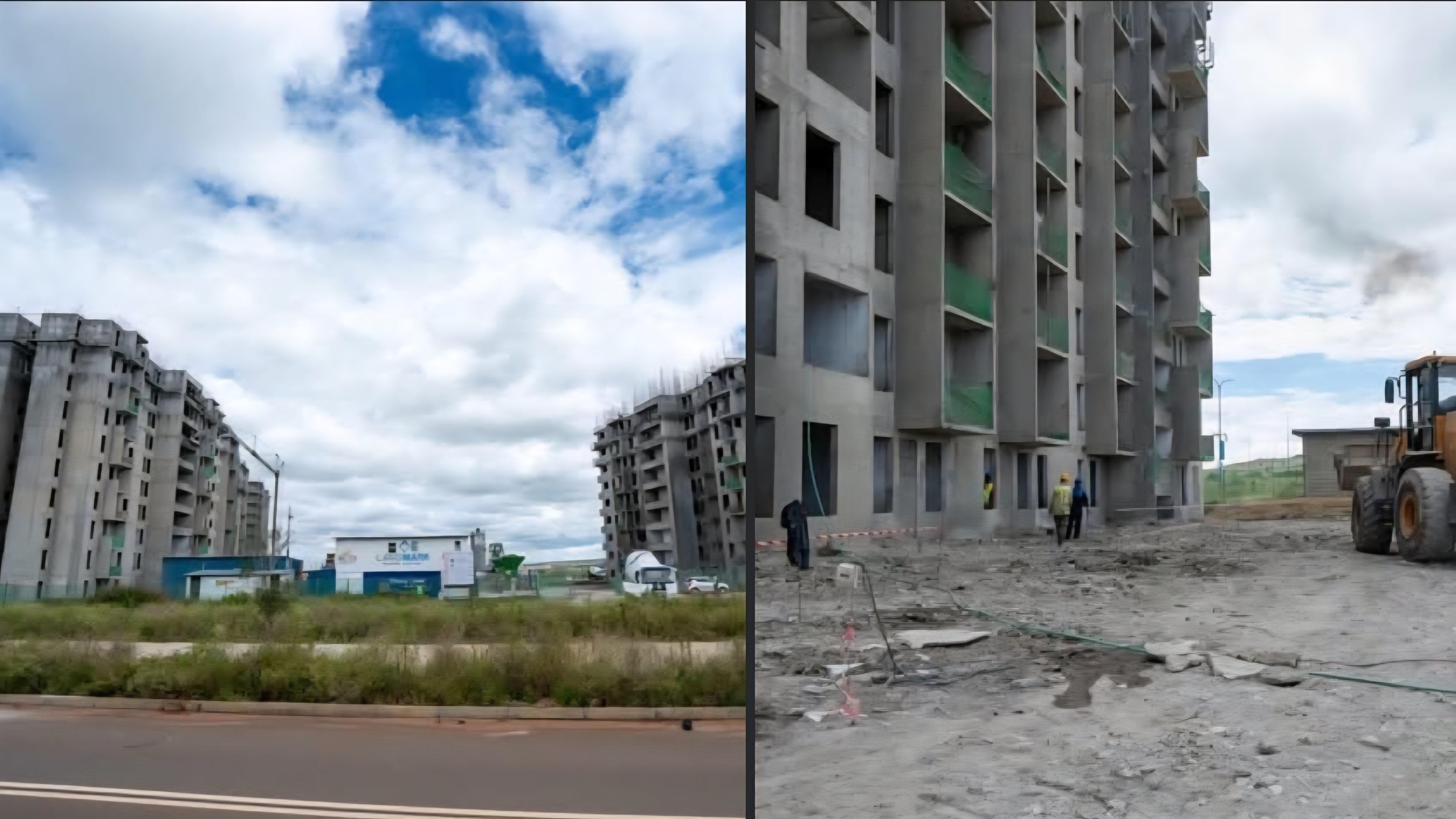 Multiple multi-story concrete residential blocks under construction at Konza Technopolis with a crane and earthmoving equipment visible on site.