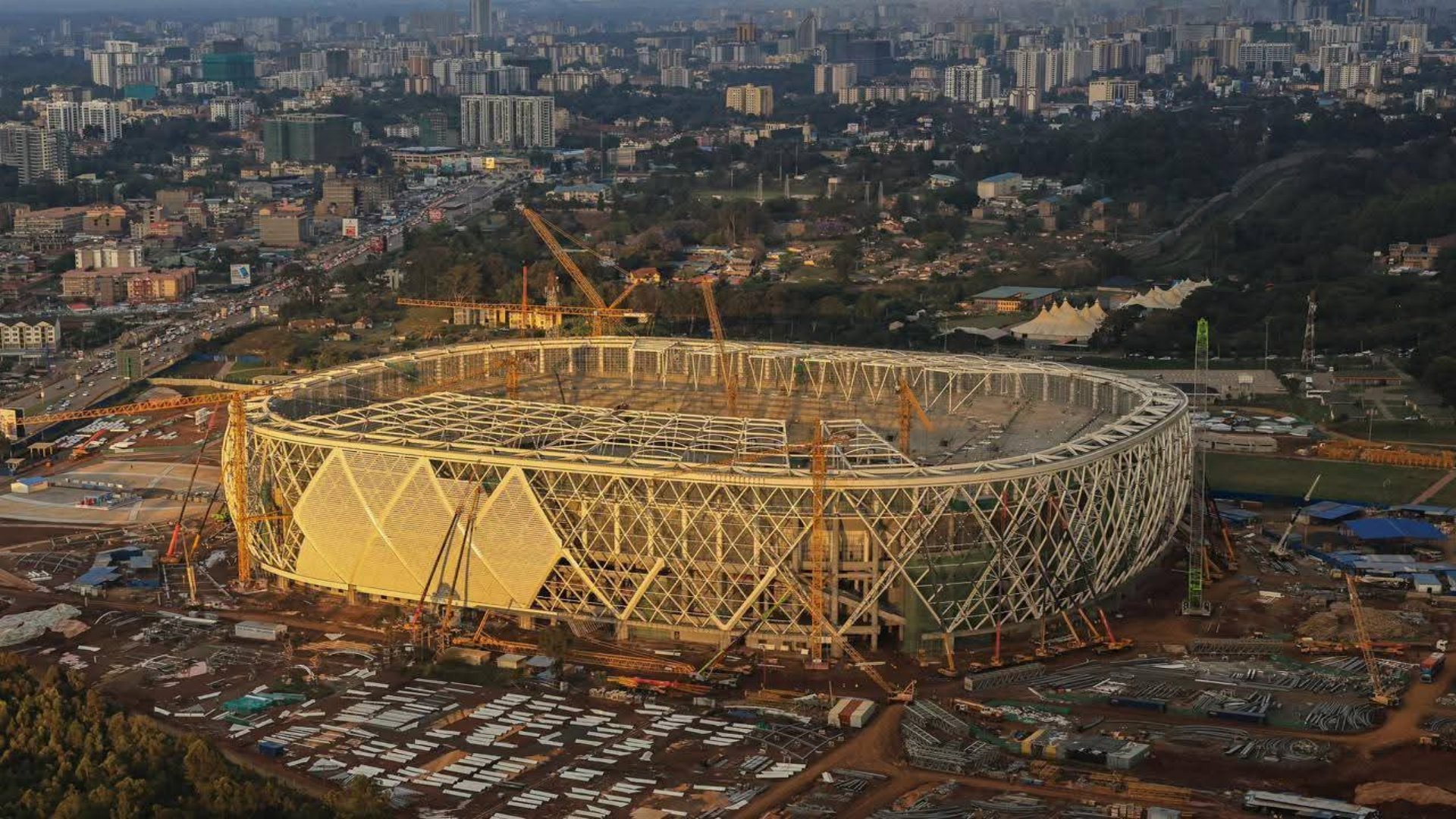 Aerial view of the ongoing construction of the 60,000-seat Talanta Sports Stadium in Nairobi, Kenya.