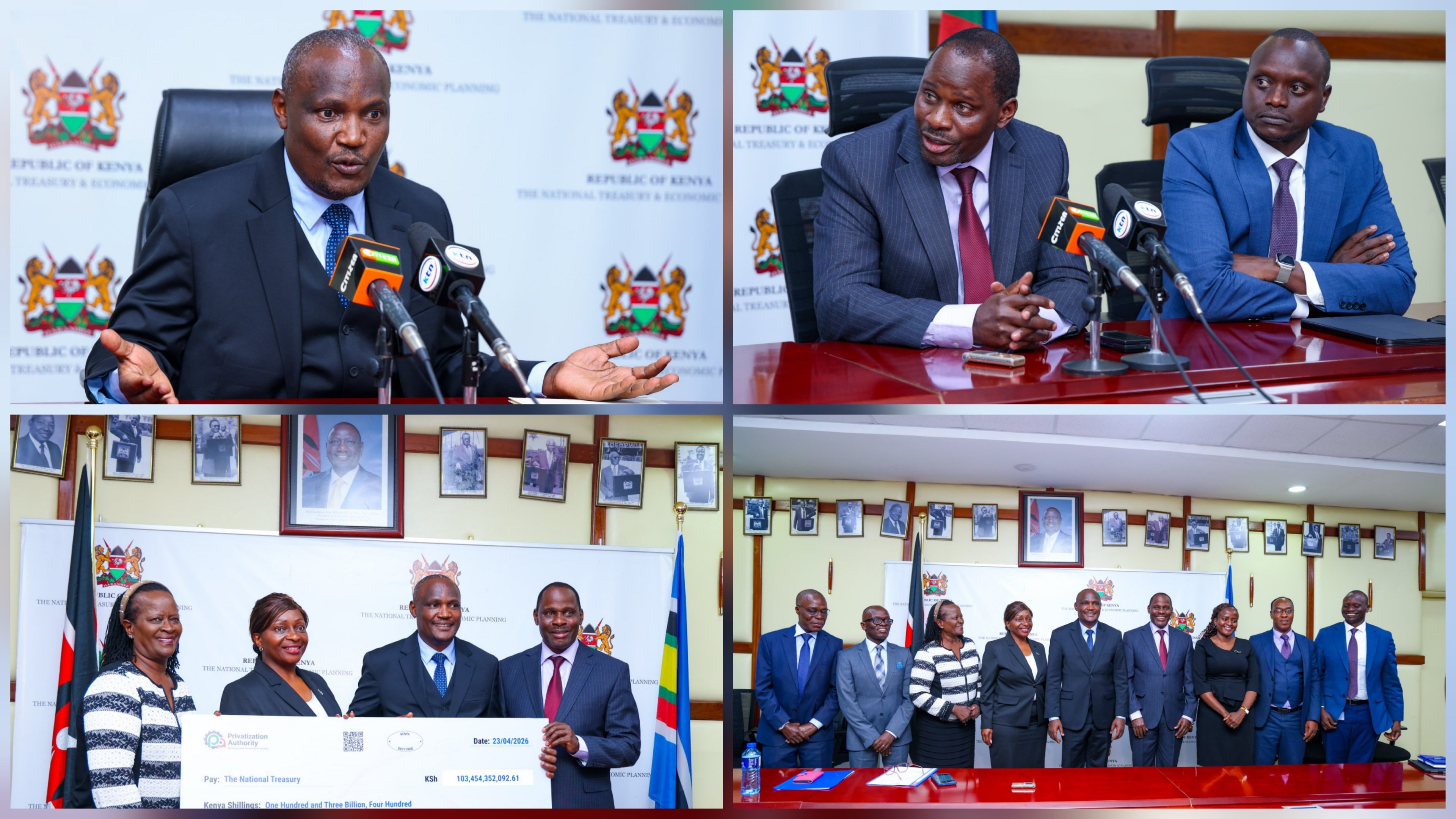 Cabinet Secretary John Mbadi and government officials holding a ceremonial dummy cheque for the Kenya Pipeline Company IPO proceeds.