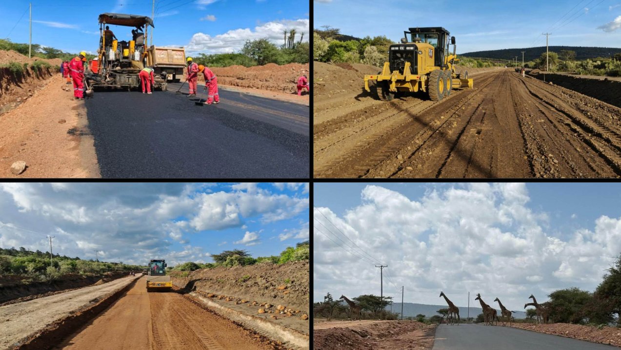 Asphalt paver laying bitumen on a rural road construction site in Narok County with road workers standing nearby.